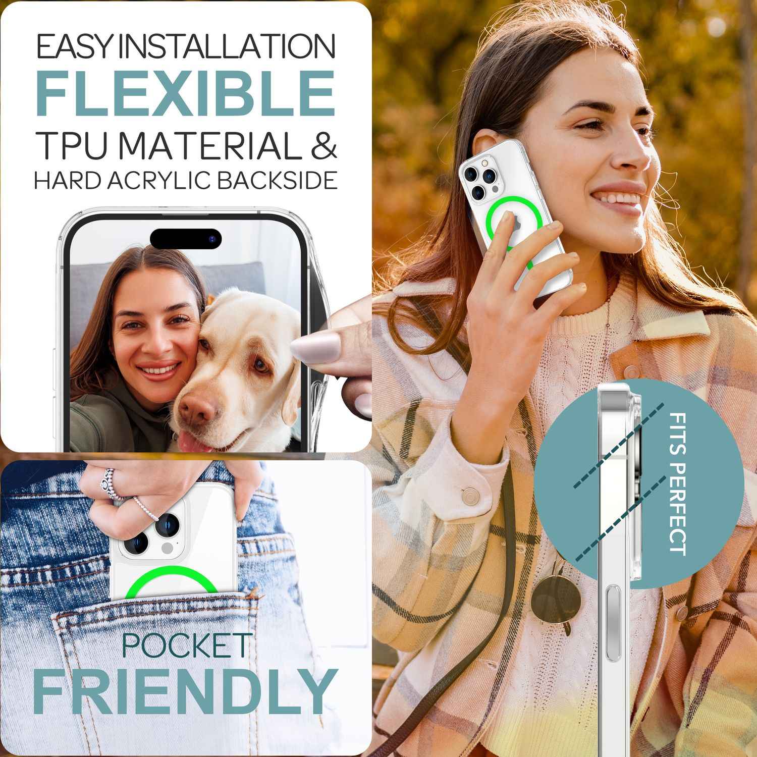 NALIA Klare MagSafe Acryl Hülle für iPhone 16 Pro, Bunter Neon Ring mit Night Glow Effekt, Handyhülle Transparent
