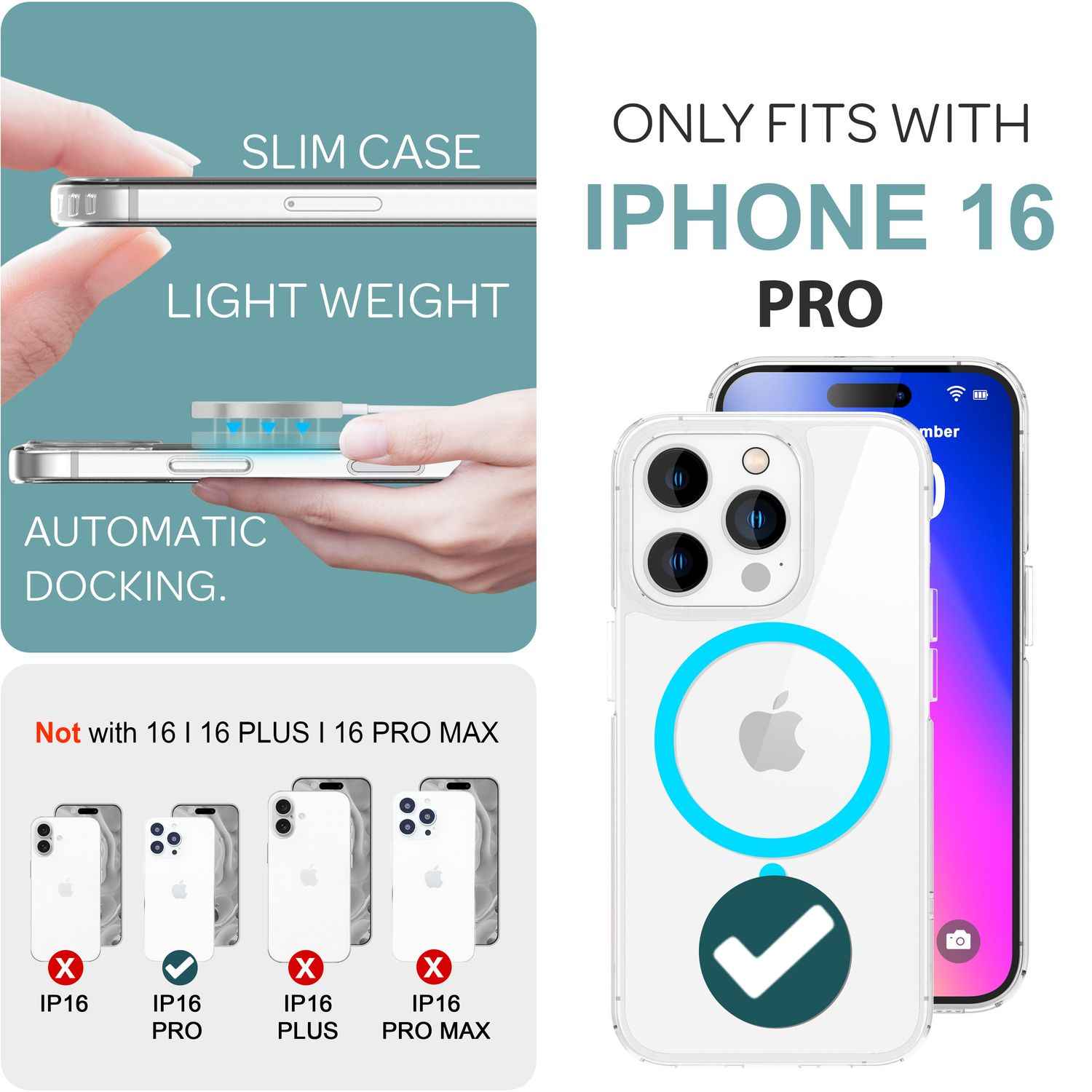 NALIA Klare MagSafe Acryl Hülle für iPhone 16 Pro, Bunter Neon Ring mit Night Glow Effekt, Handyhülle Transparent