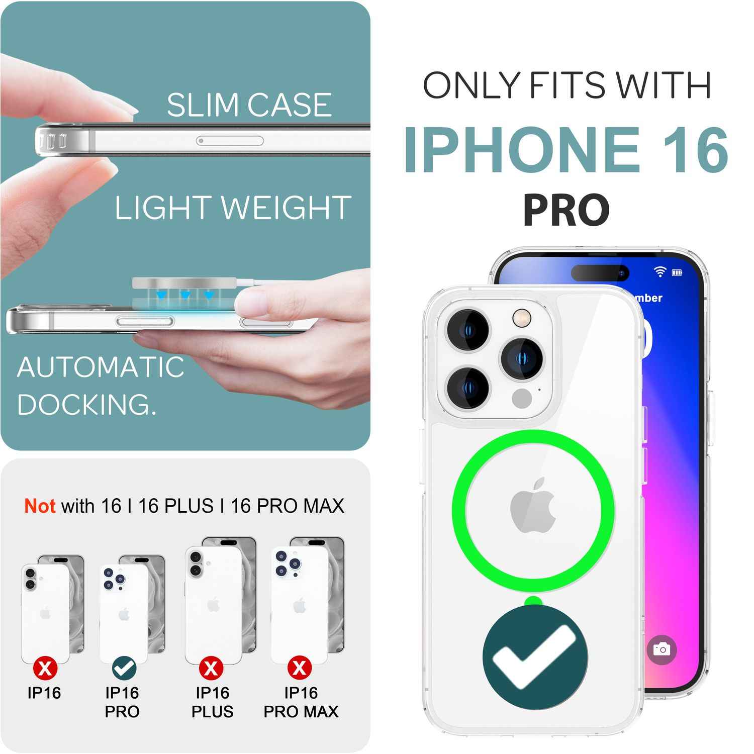 NALIA Klare MagSafe Acryl Hülle für iPhone 16 Pro, Bunter Neon Ring mit Night Glow Effekt, Handyhülle Transparent