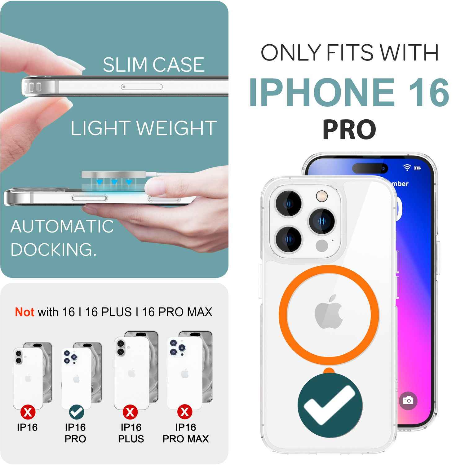 NALIA Klare MagSafe Acryl Hülle für iPhone 16 Pro, Bunter Neon Ring mit Night Glow Effekt, Handyhülle Transparent