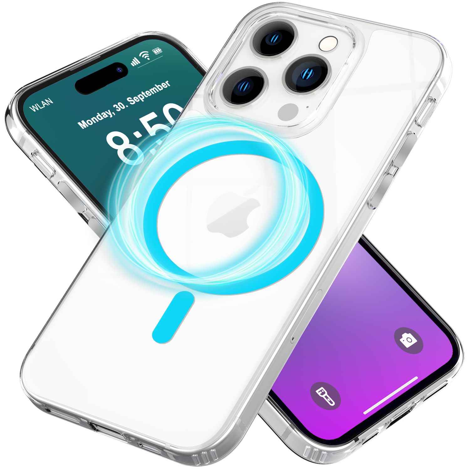 NALIA Klare MagSafe Acryl Hülle für iPhone 16 Pro Max, Bunter Neon Ring mit Night Glow Effekt, Robuste Handyhülle