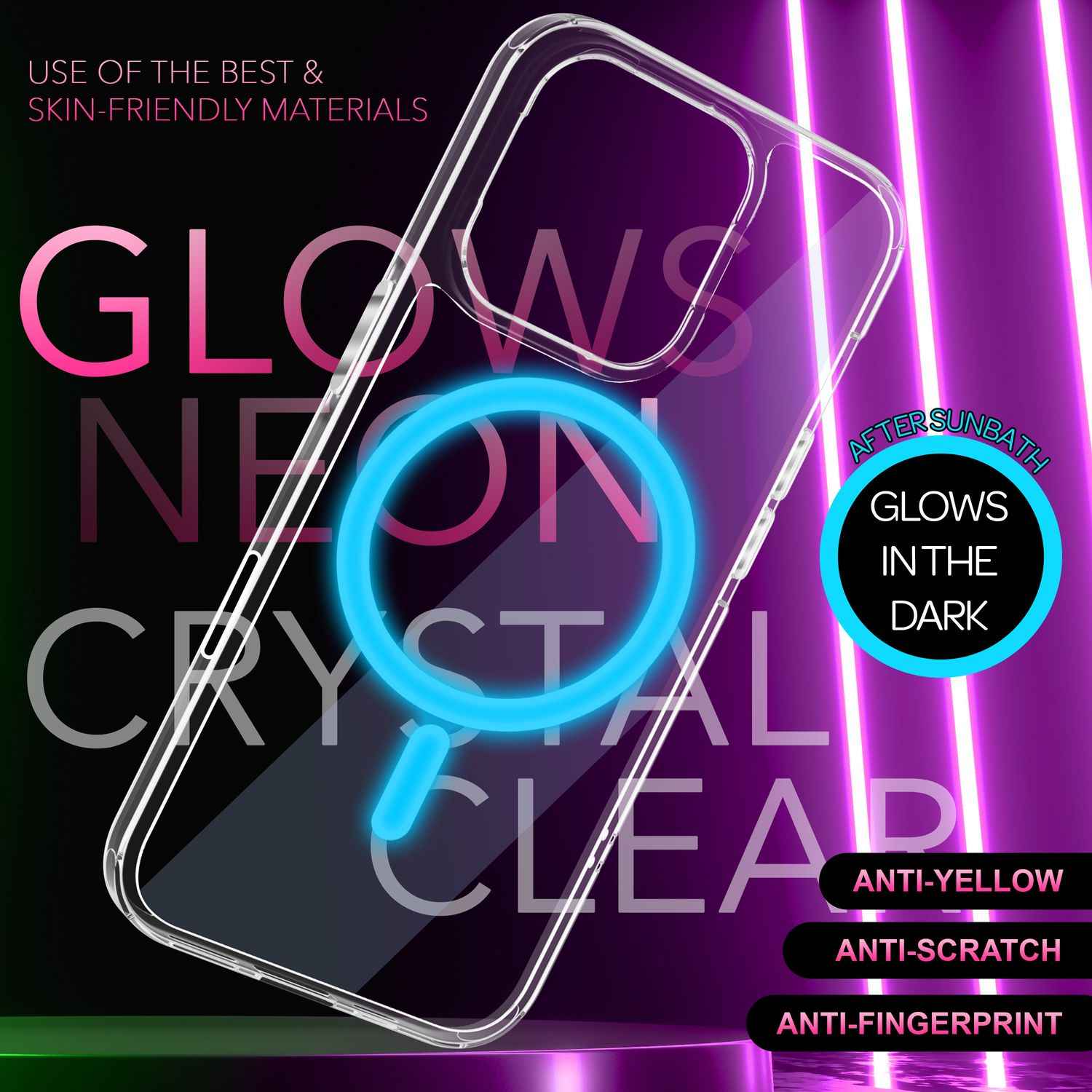 NALIA Klare MagSafe Acryl Hülle für iPhone 16 Pro Max, Bunter Neon Ring mit Night Glow Effekt, Robuste Handyhülle