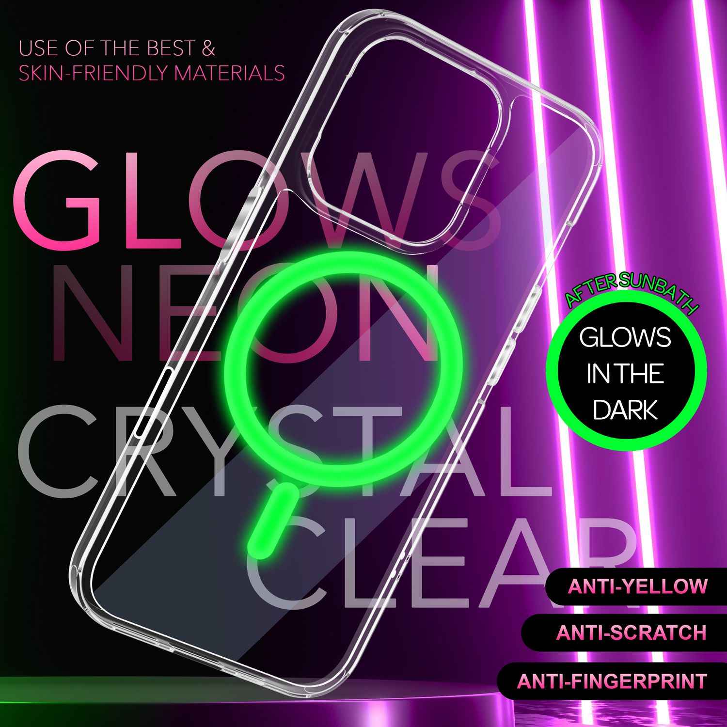 NALIA Klare MagSafe Acryl Hülle für iPhone 16 Pro Max, Bunter Neon Ring mit Night Glow Effekt, Robuste Handyhülle