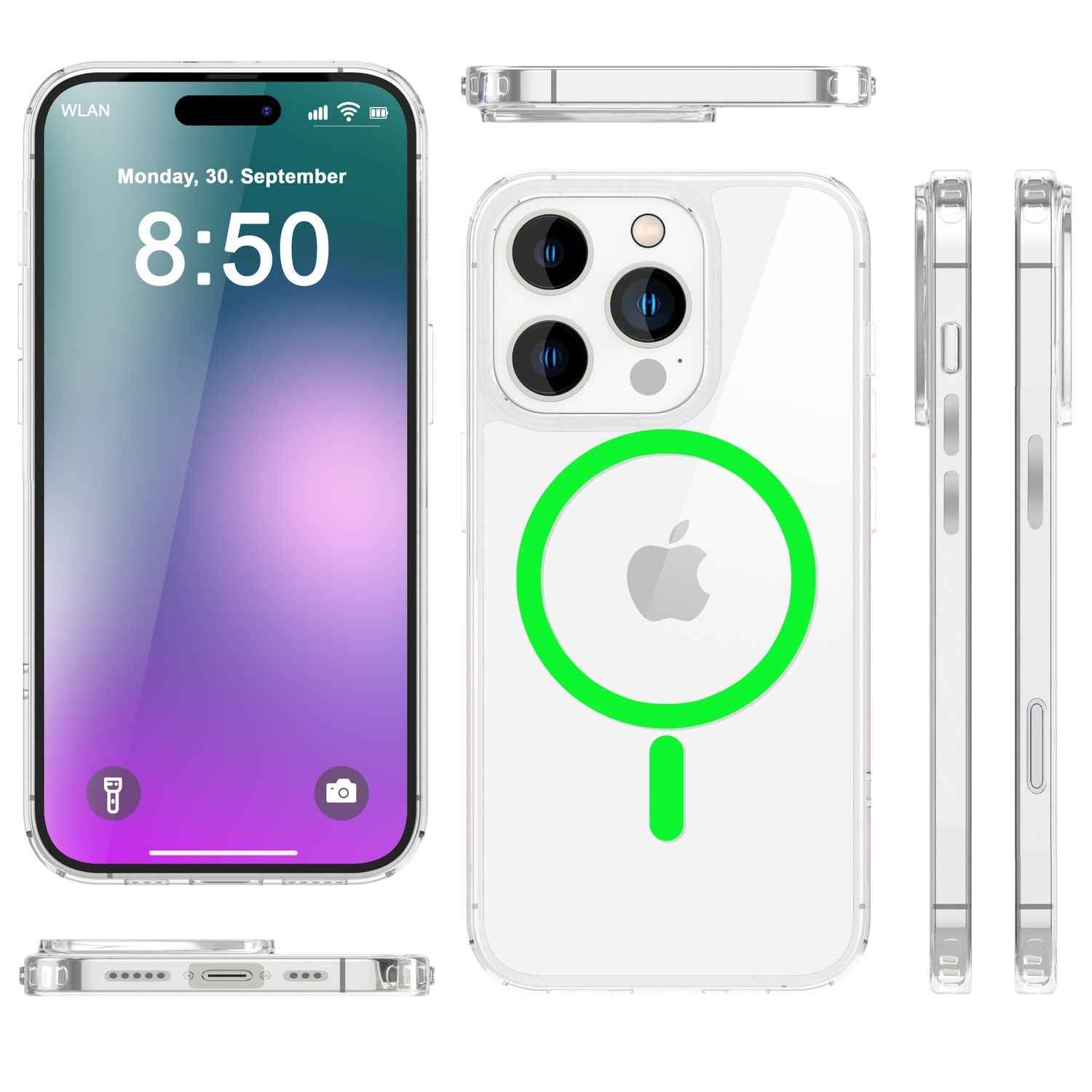 NALIA Klare MagSafe Acryl Hülle für iPhone 16 Pro Max, Bunter Neon Ring mit Night Glow Effekt, Robuste Handyhülle