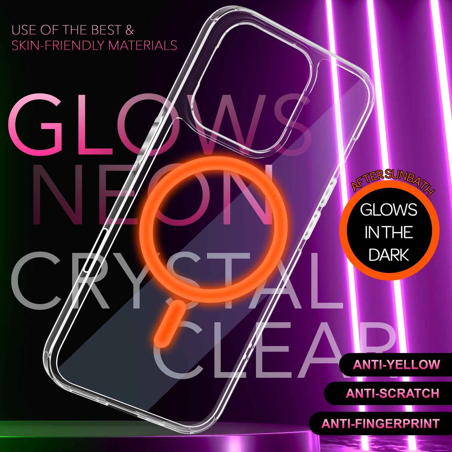 NALIA Klare MagSafe Acryl Hülle für iPhone 16 Pro Max, Bunter Neon Ring mit Night Glow Effekt, Robuste Handyhülle