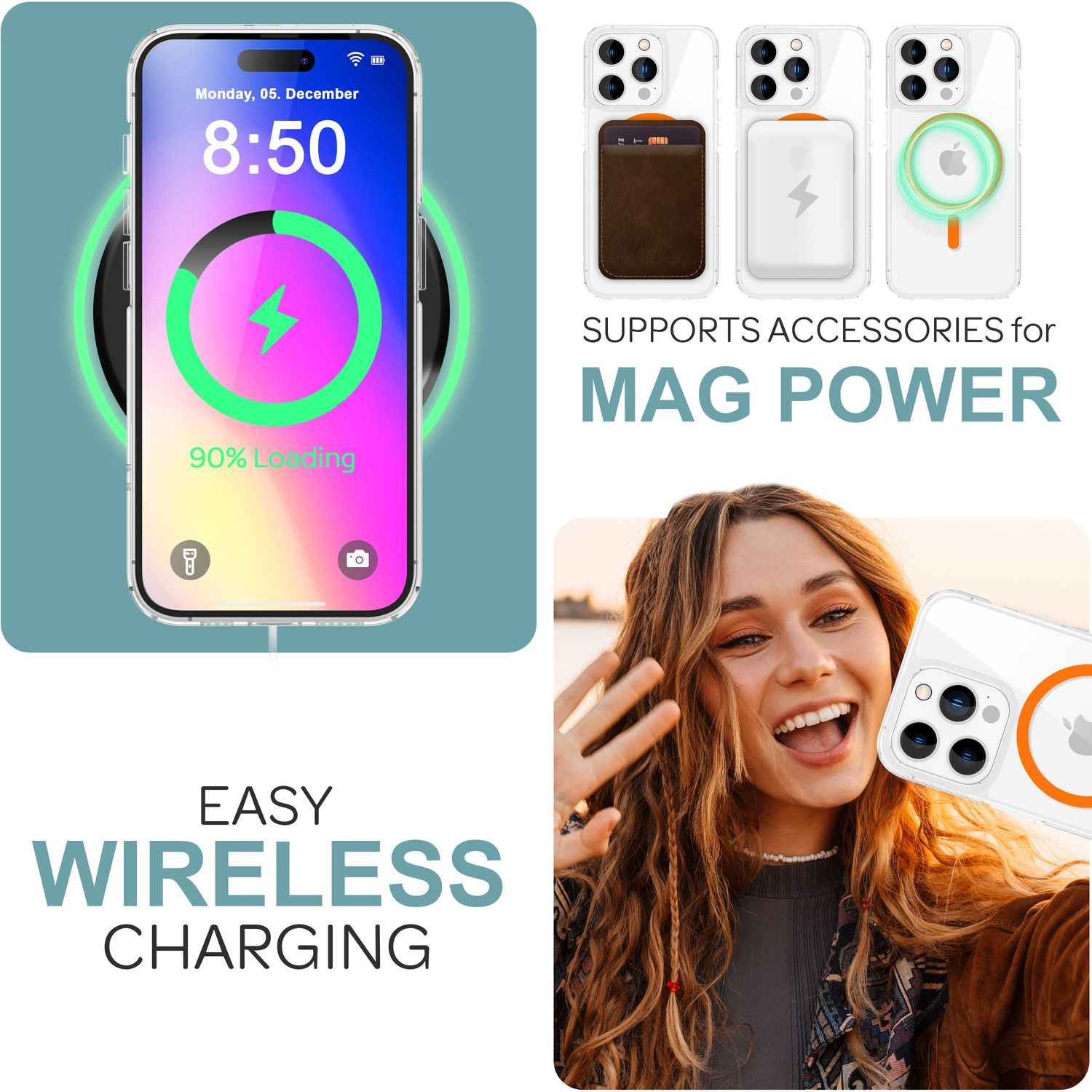 NALIA Klare MagSafe Acryl Hülle für iPhone 16 Pro Max, Bunter Neon Ring mit Night Glow Effekt, Robuste Handyhülle