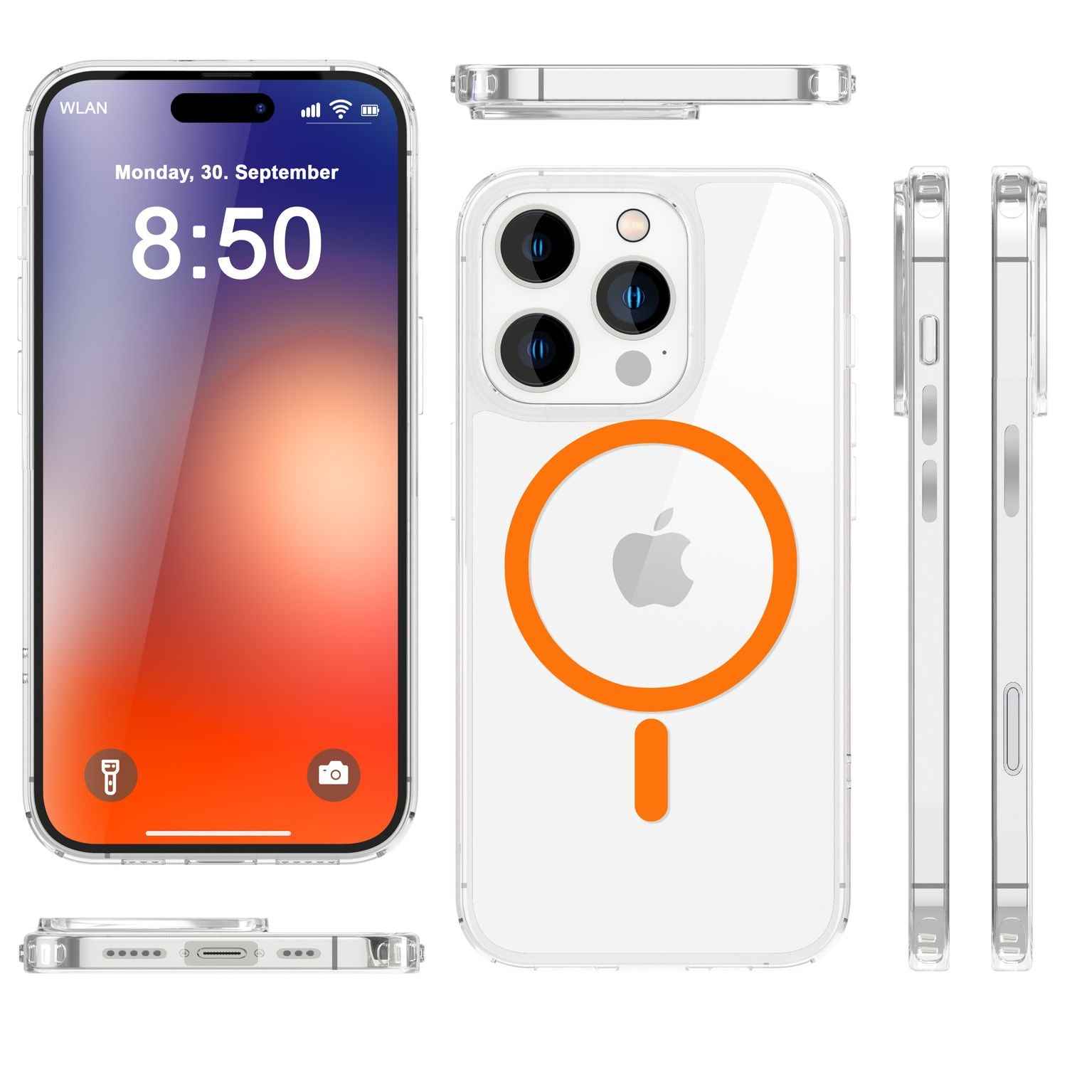 NALIA Klare MagSafe Acryl Hülle für iPhone 16 Pro Max, Bunter Neon Ring mit Night Glow Effekt, Robuste Handyhülle