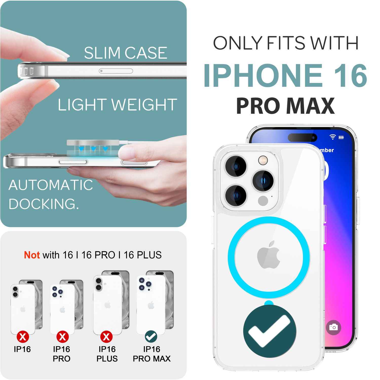 NALIA Klare MagSafe Acryl Hülle für iPhone 16 Pro Max, Bunter Neon Ring mit Night Glow Effekt, Robuste Handyhülle