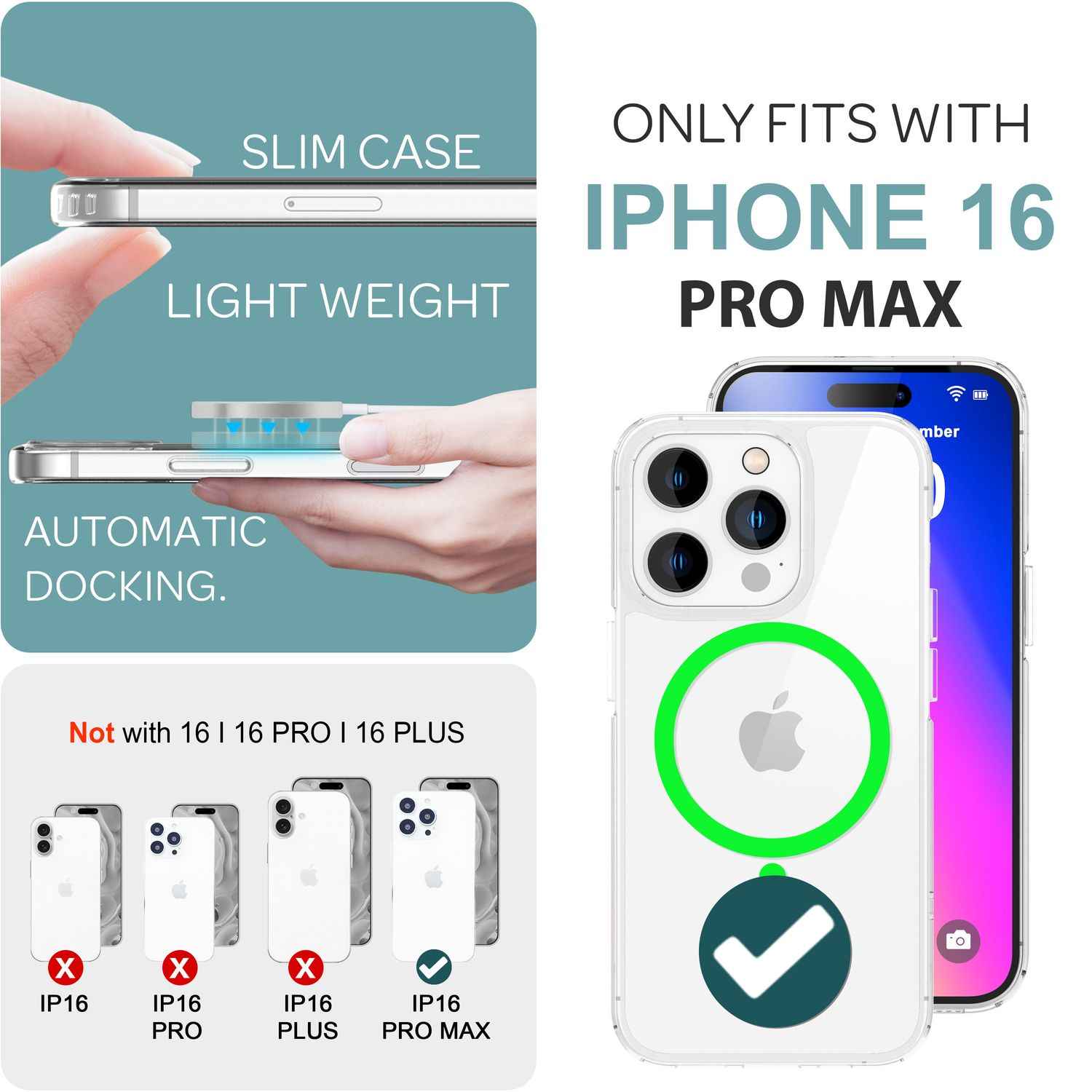NALIA Klare MagSafe Acryl Hülle für iPhone 16 Pro Max, Bunter Neon Ring mit Night Glow Effekt, Robuste Handyhülle