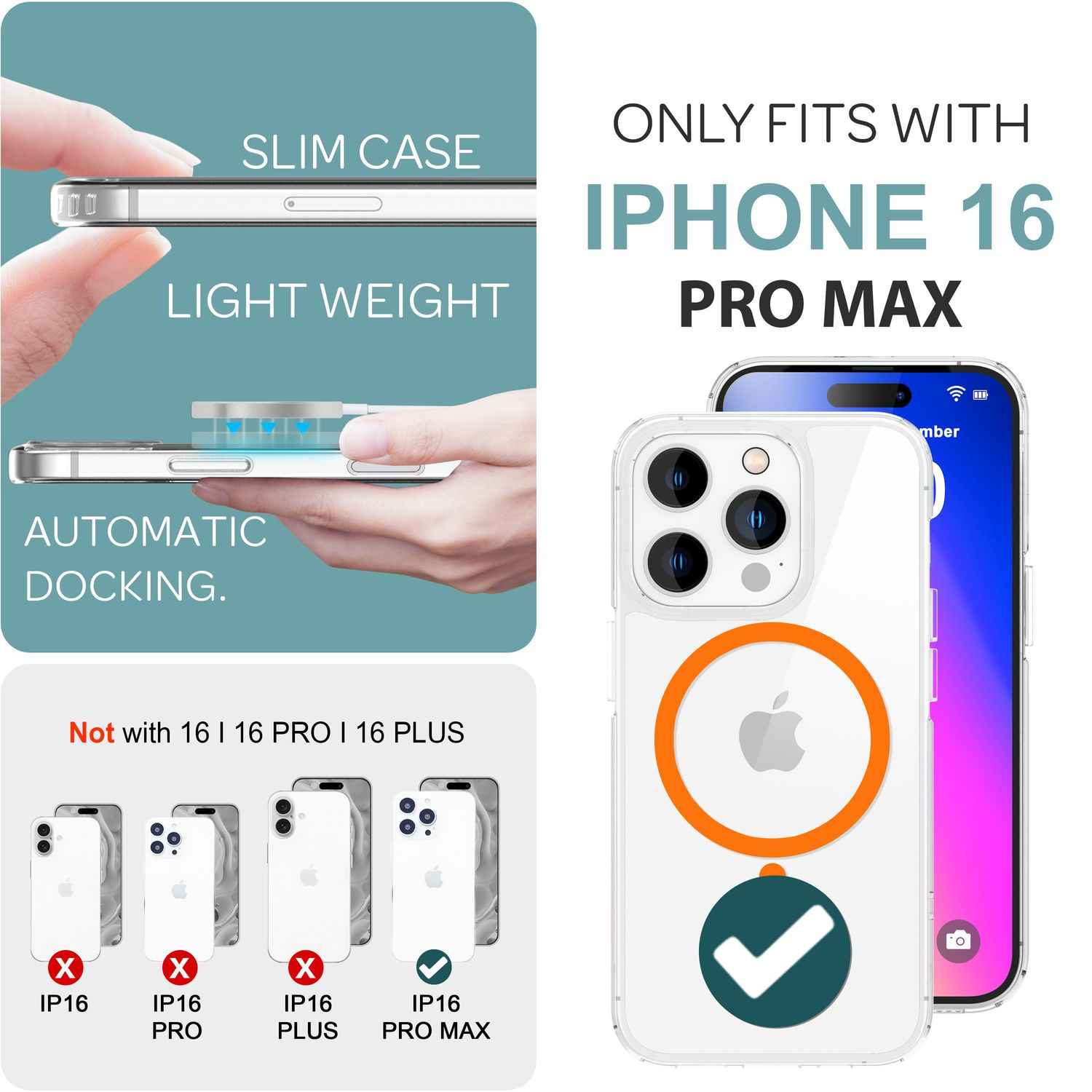 NALIA Klare MagSafe Acryl Hülle für iPhone 16 Pro Max, Bunter Neon Ring mit Night Glow Effekt, Robuste Handyhülle
