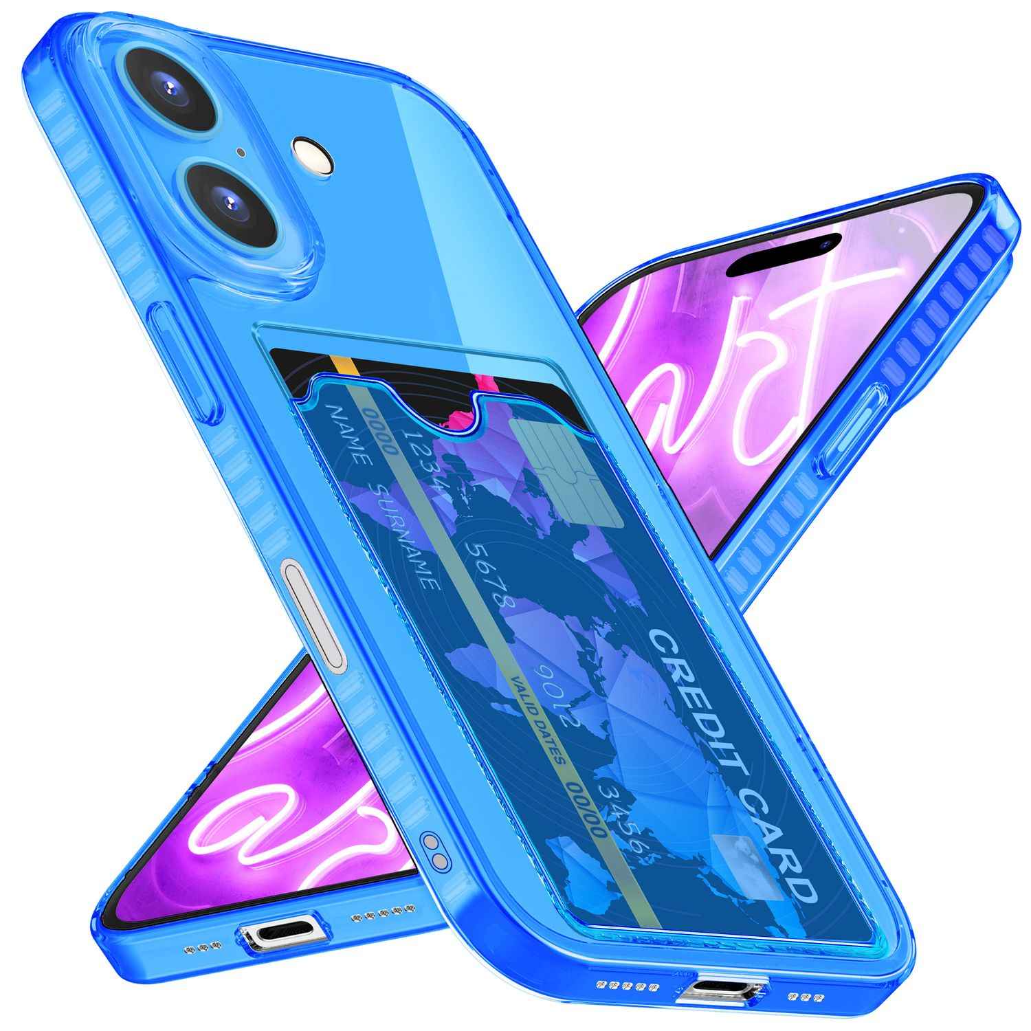 NALIA Klare Neon Hülle mit Kartenhalter für iPhone 16, Bunte Handyhülle mit Kartenfach, Durchsichtiges Silikon