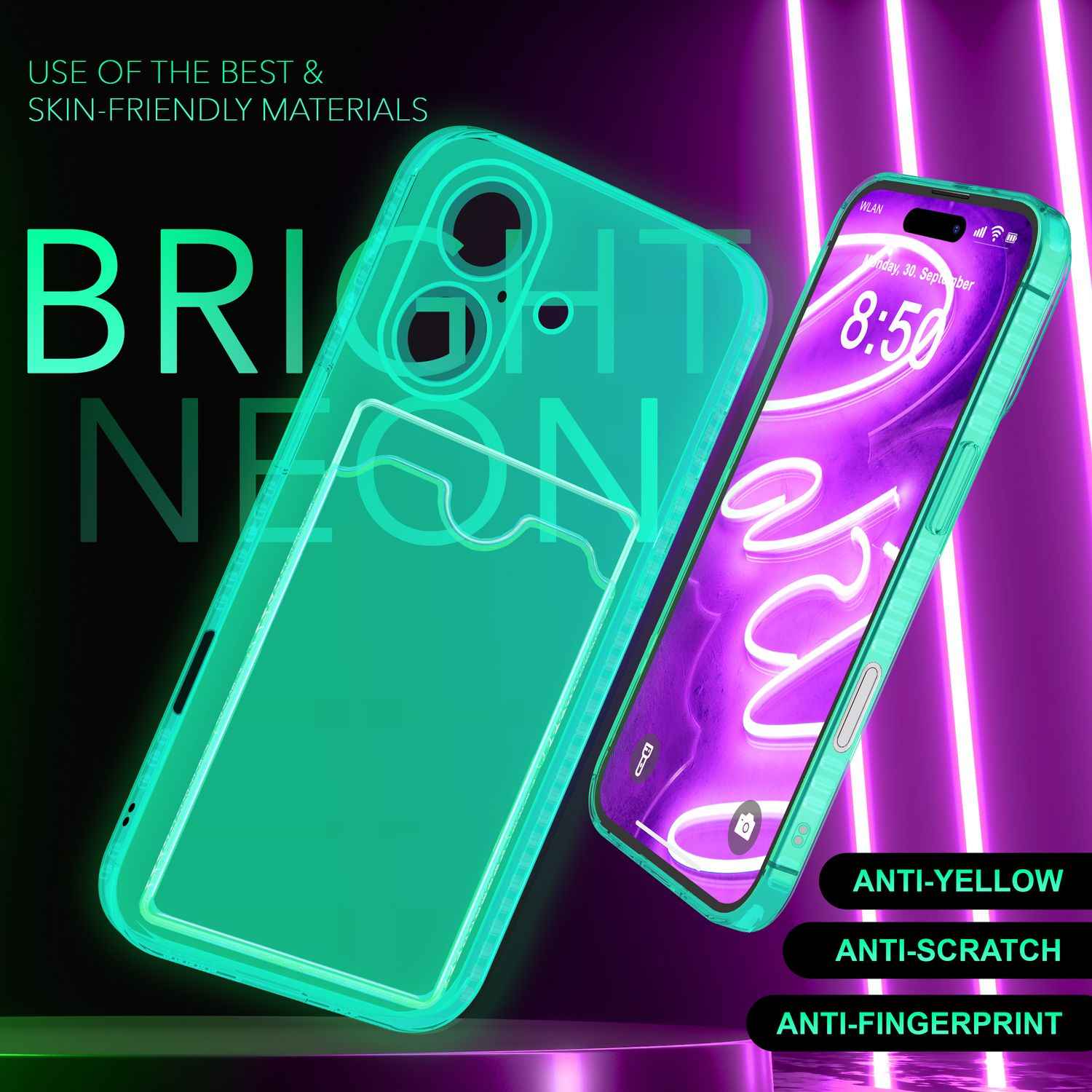 NALIA Klare Neon Hülle mit Kartenhalter für iPhone 16, Bunte Handyhülle mit Kartenfach, Durchsichtiges Silikon