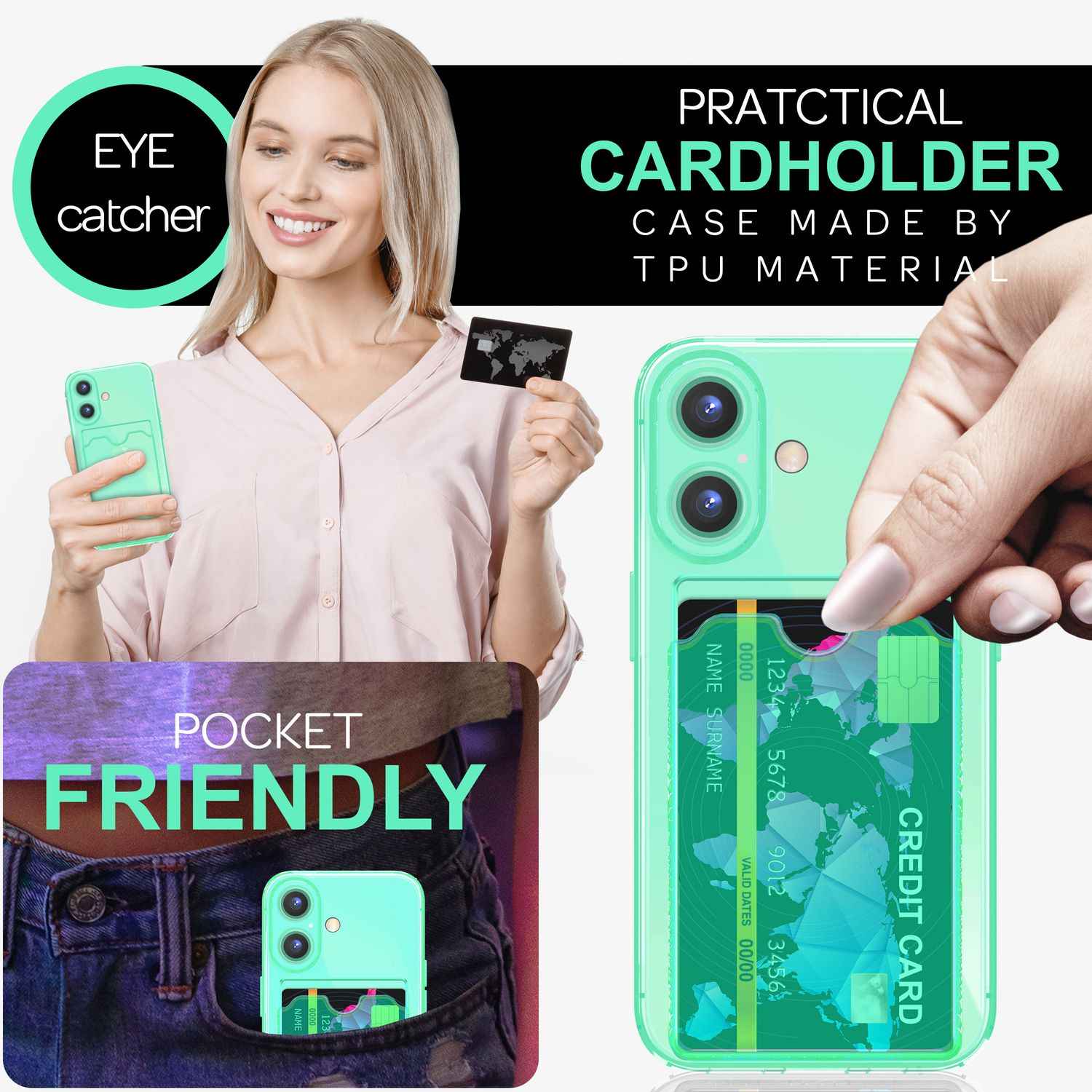 NALIA Klare Neon Hülle mit Kartenhalter für iPhone 16, Bunte Handyhülle mit Kartenfach, Durchsichtiges Silikon