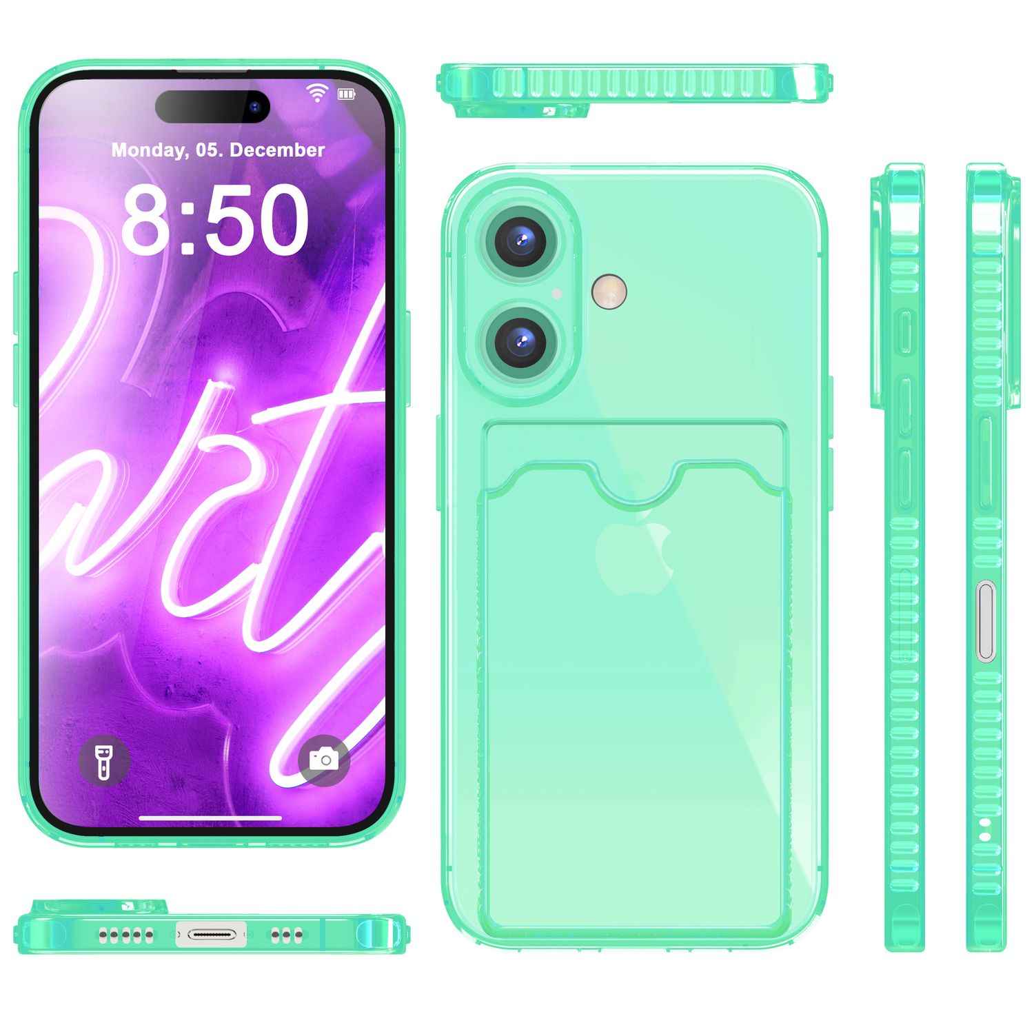NALIA Klare Neon Hülle mit Kartenhalter für iPhone 16, Bunte Handyhülle mit Kartenfach, Durchsichtiges Silikon
