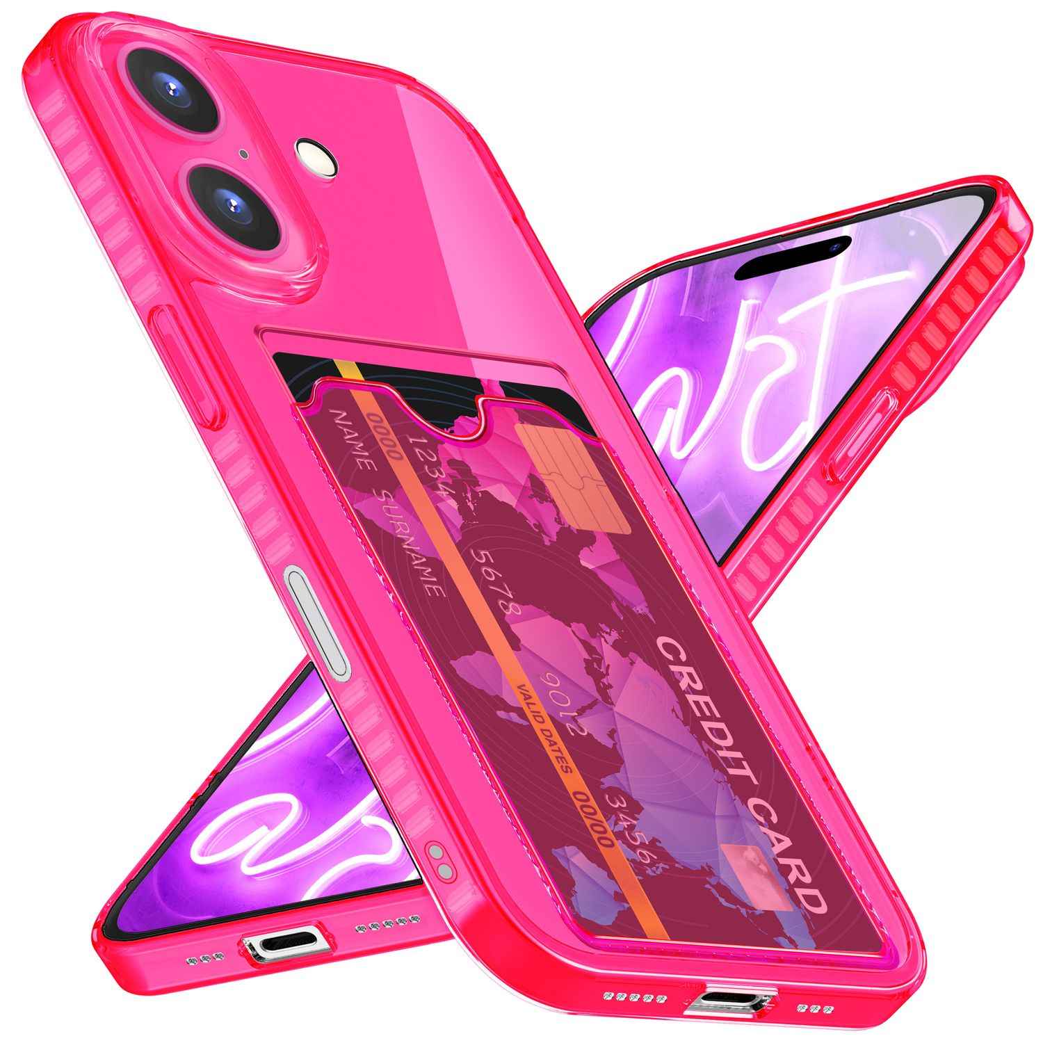 NALIA Klare Neon Hülle mit Kartenhalter für iPhone 16, Bunte Handyhülle mit Kartenfach, Durchsichtiges Silikon