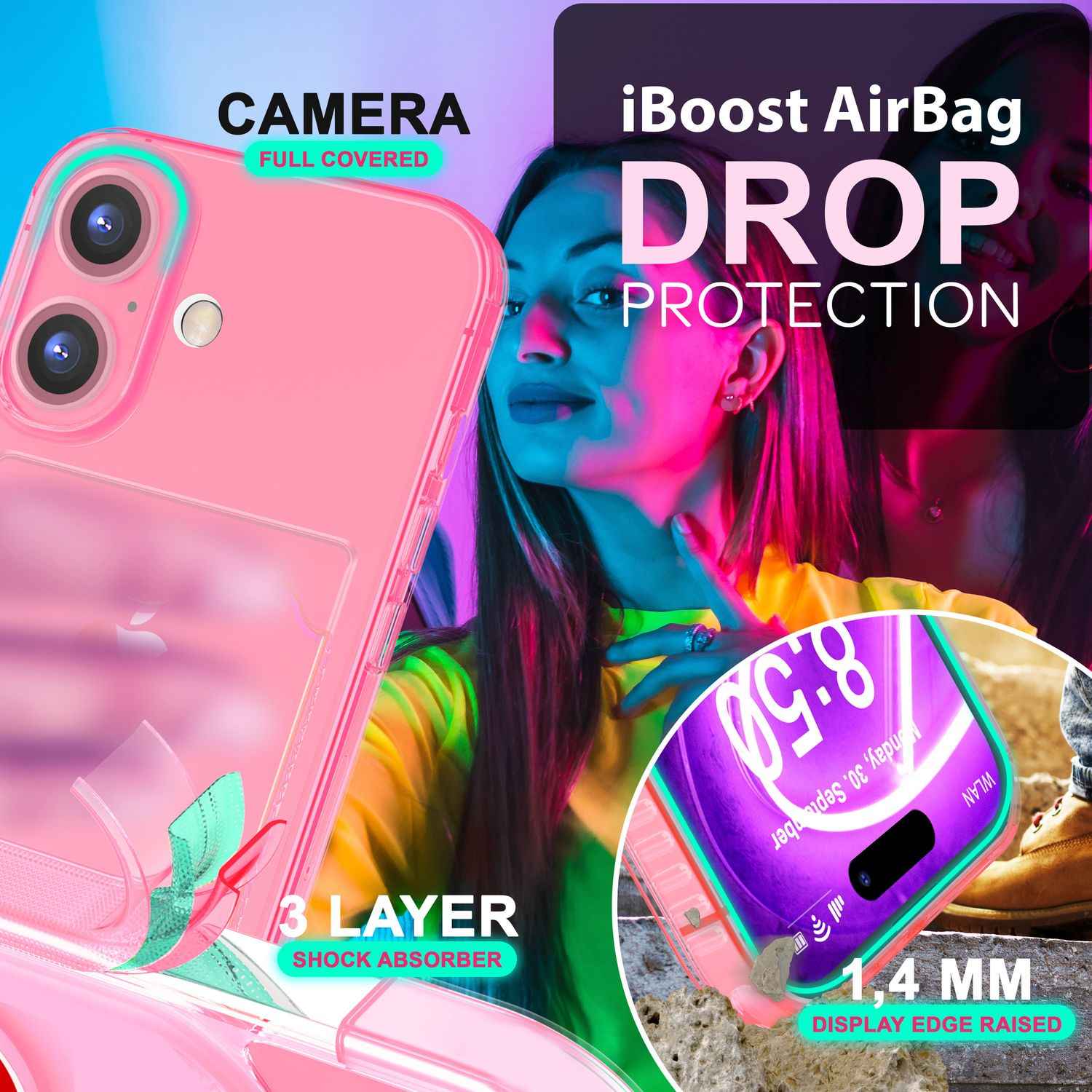 NALIA Klare Neon Hülle mit Kartenhalter für iPhone 16, Bunte Handyhülle mit Kartenfach, Durchsichtiges Silikon