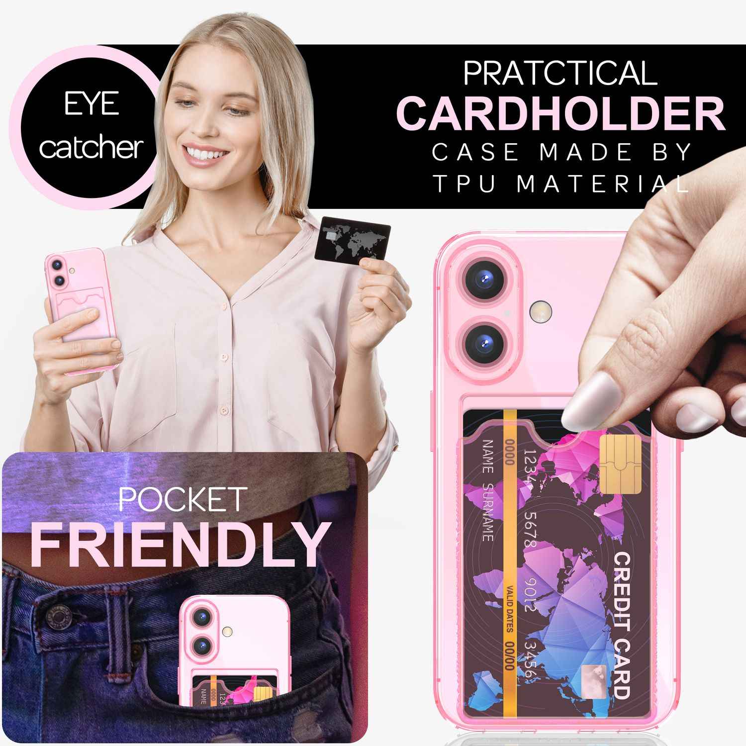 NALIA Klare Neon Hülle mit Kartenhalter für iPhone 16, Bunte Handyhülle mit Kartenfach, Durchsichtiges Silikon