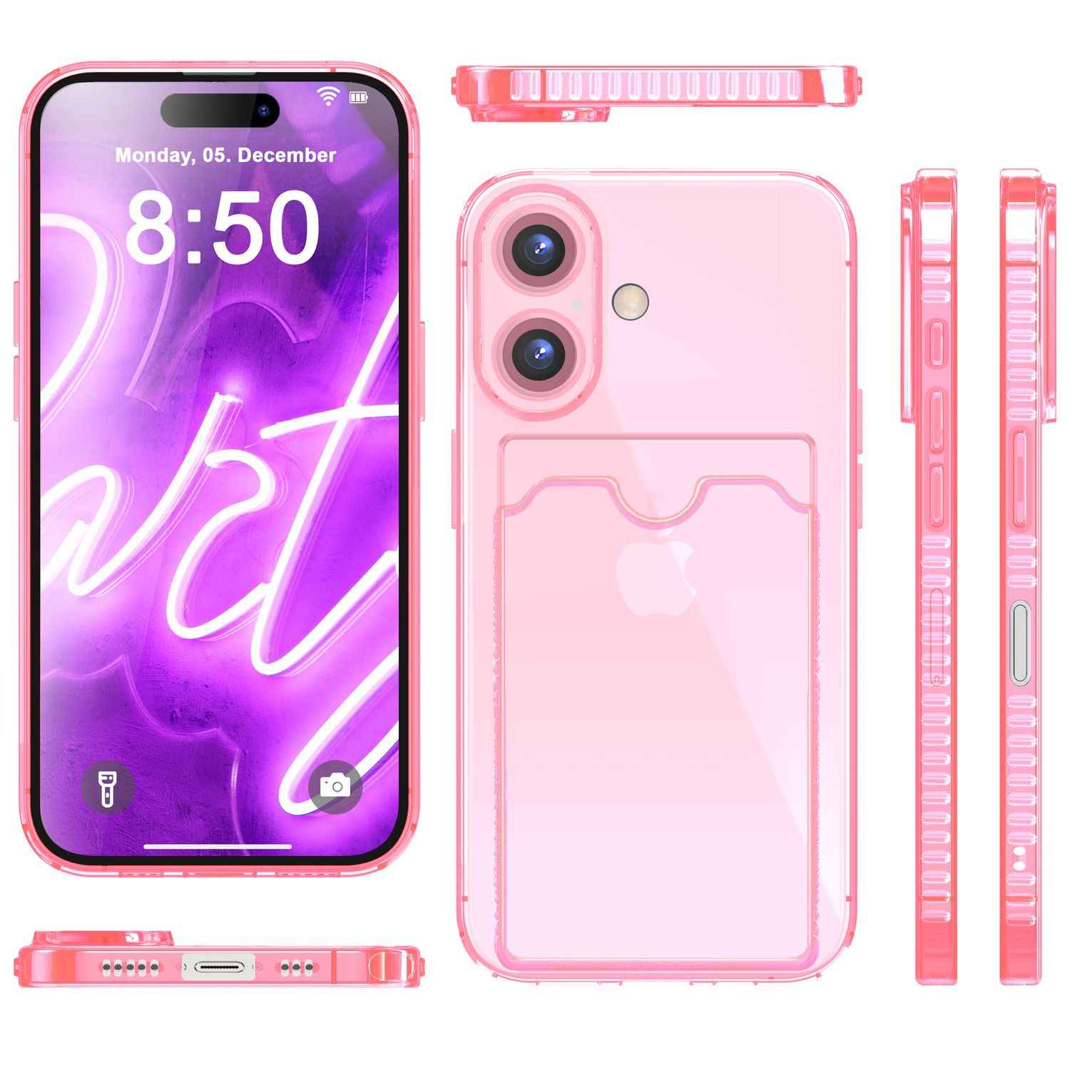 NALIA Klare Neon Hülle mit Kartenhalter für iPhone 16, Bunte Handyhülle mit Kartenfach, Durchsichtiges Silikon