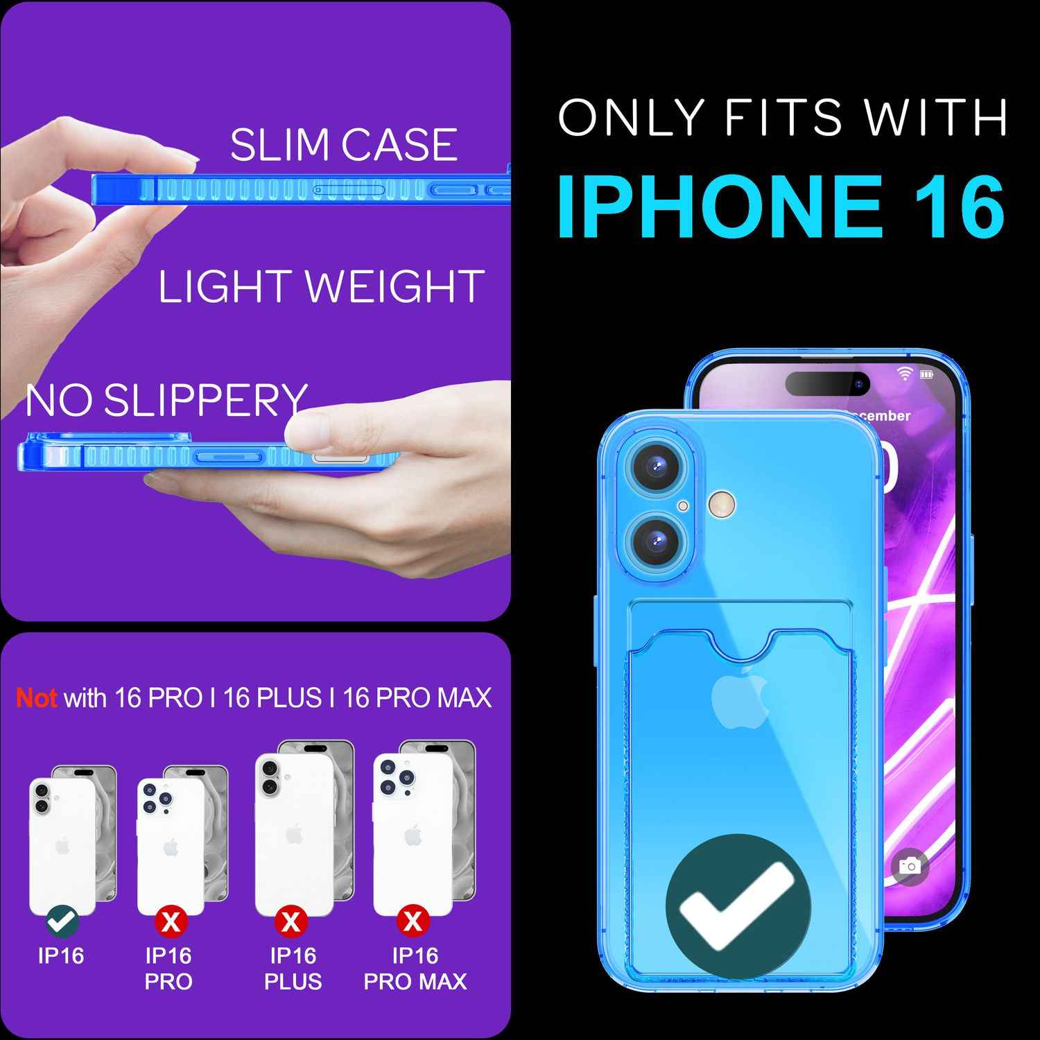 NALIA Klare Neon Hülle mit Kartenhalter für iPhone 16, Bunte Handyhülle mit Kartenfach, Durchsichtiges Silikon