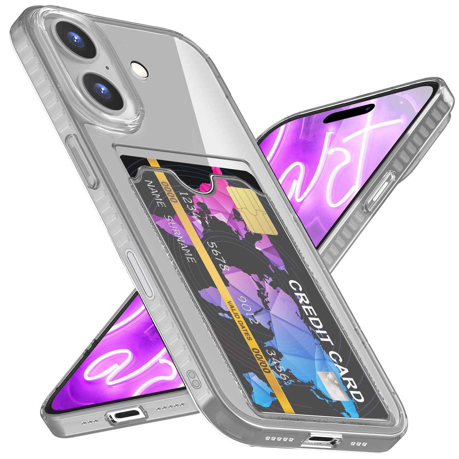 NALIA Klare Neon Hülle mit Kartenhalter für iPhone 16, Bunte Handyhülle mit Kartenfach, Durchsichtiges Silikon