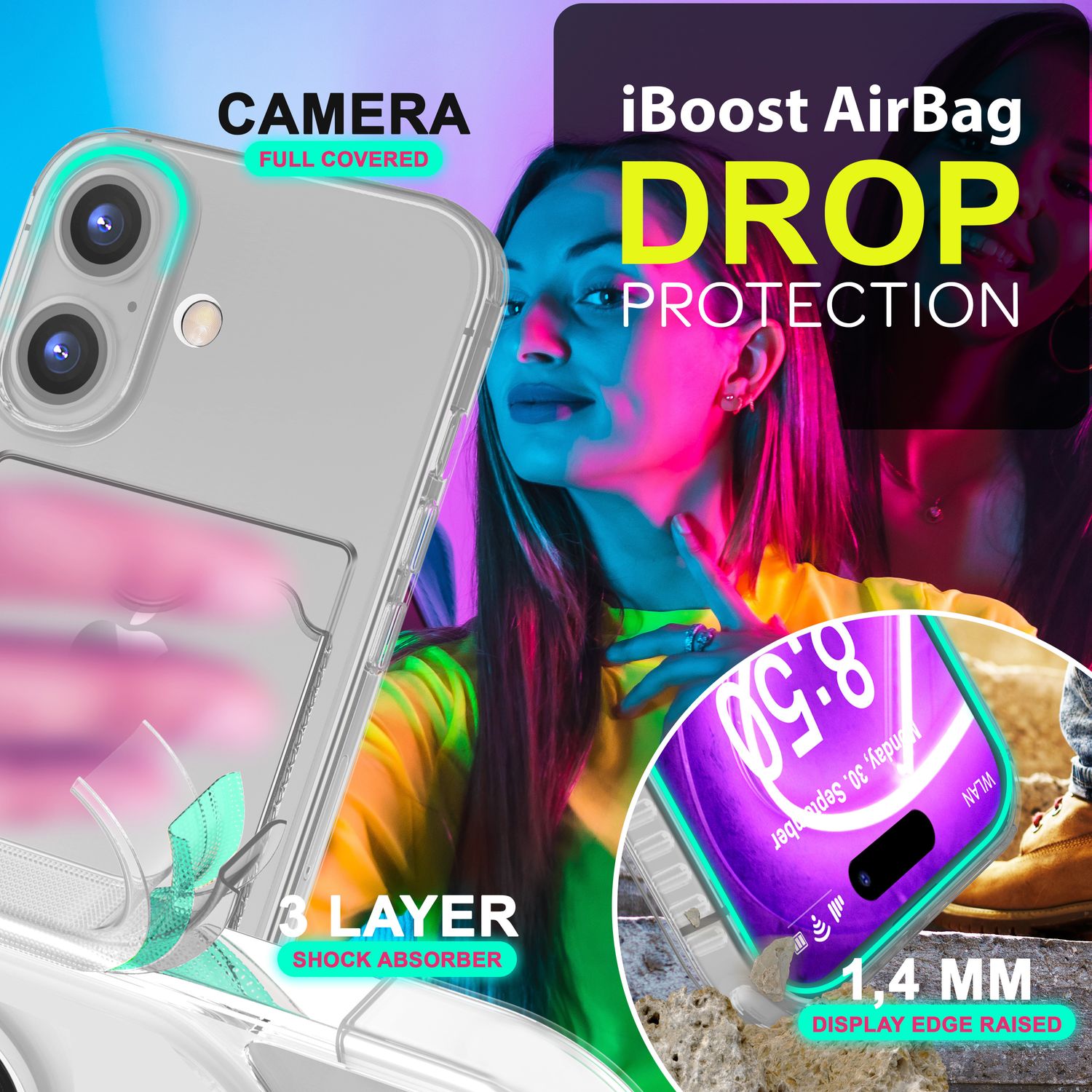 Handyhülle mit Kartenhalter für iPhone 16 TPU durchsichtig Neon | NALIA Berlin