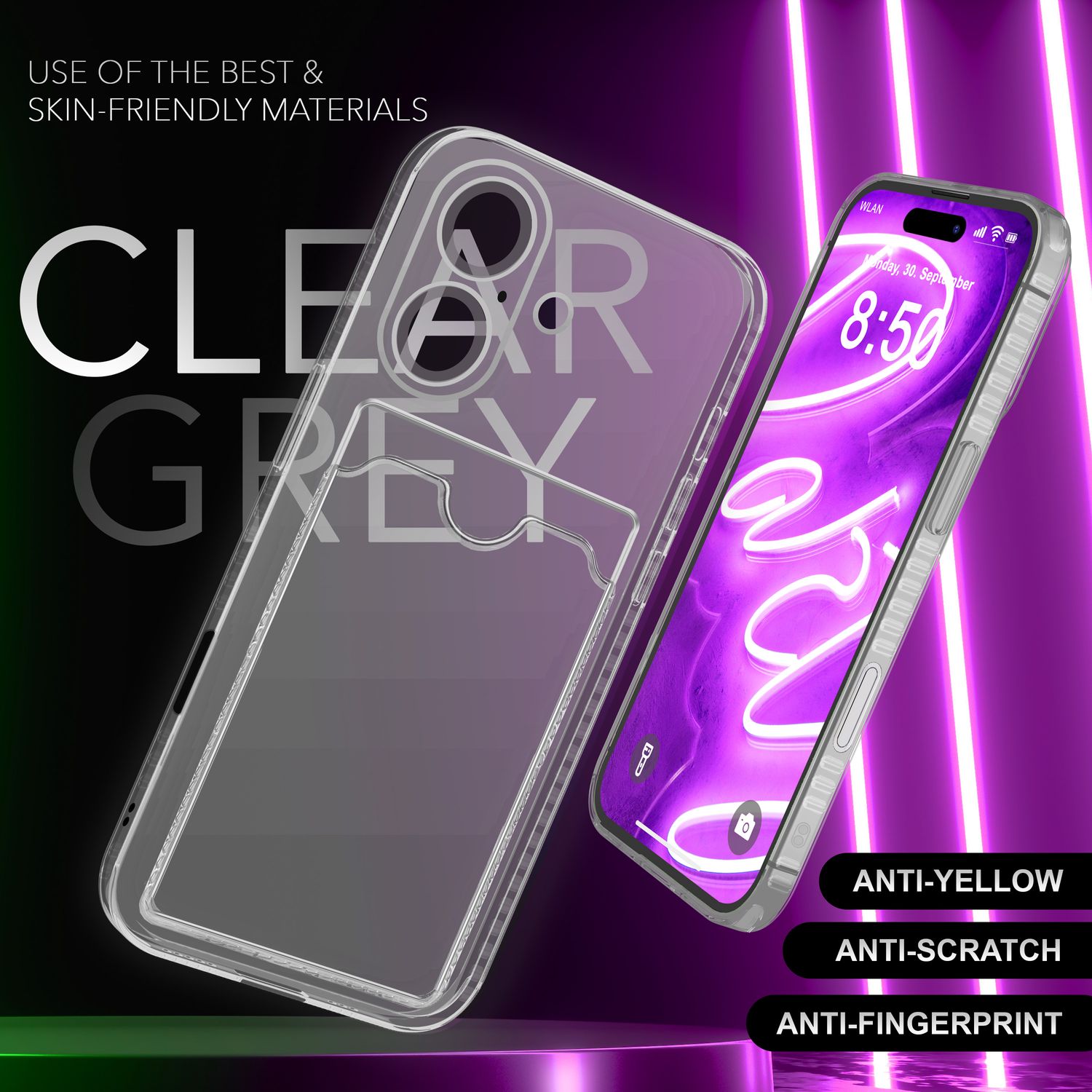 Handyhülle mit Kartenhalter für iPhone 16 TPU durchsichtig Neon | NALIA Berlin