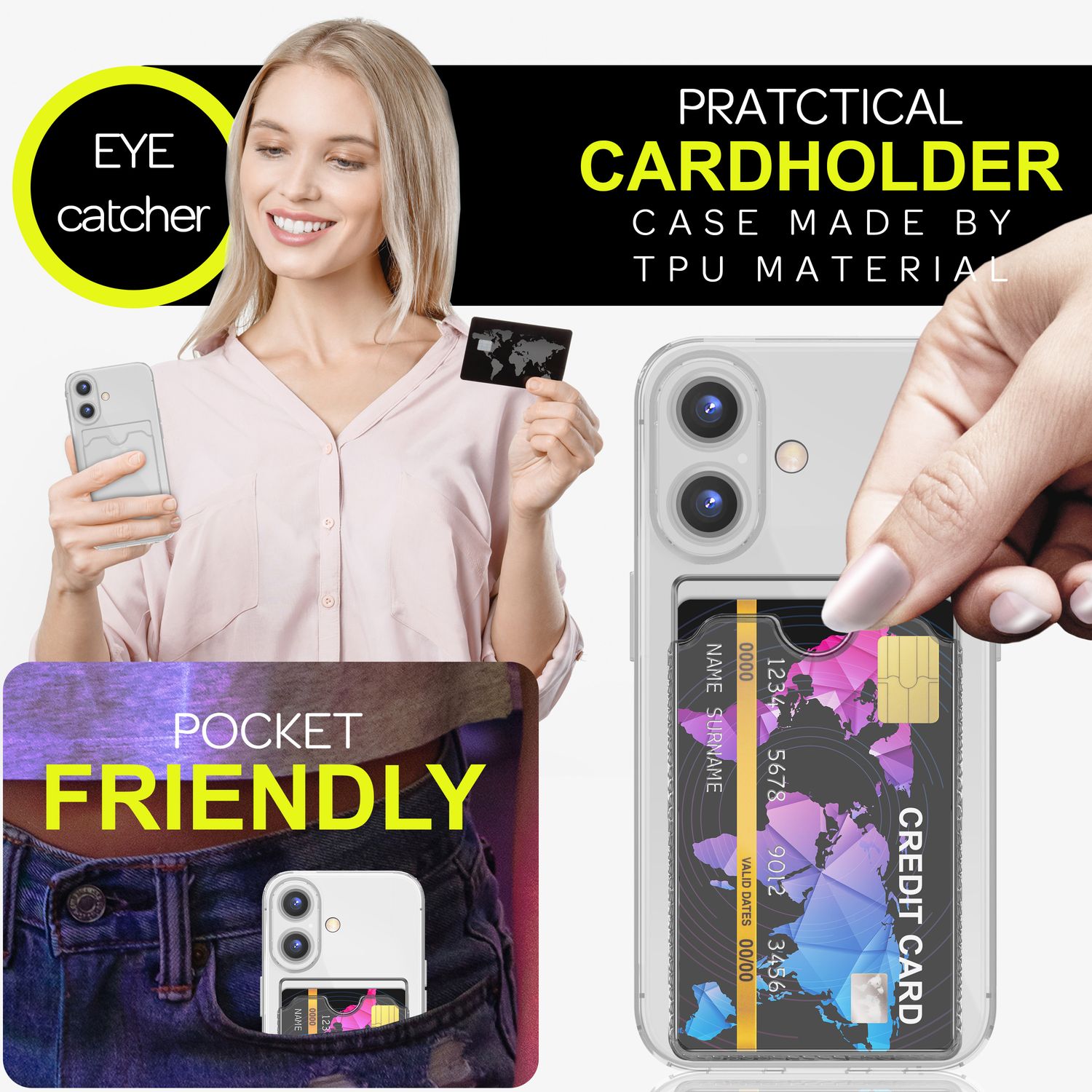 Handyhülle mit Kartenhalter für iPhone 16 TPU durchsichtig Neon | NALIA Berlin