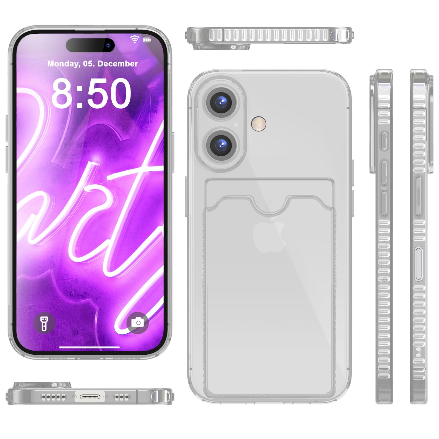 Handyhülle mit Kartenhalter für iPhone 16 TPU durchsichtig Neon | NALIA Berlin