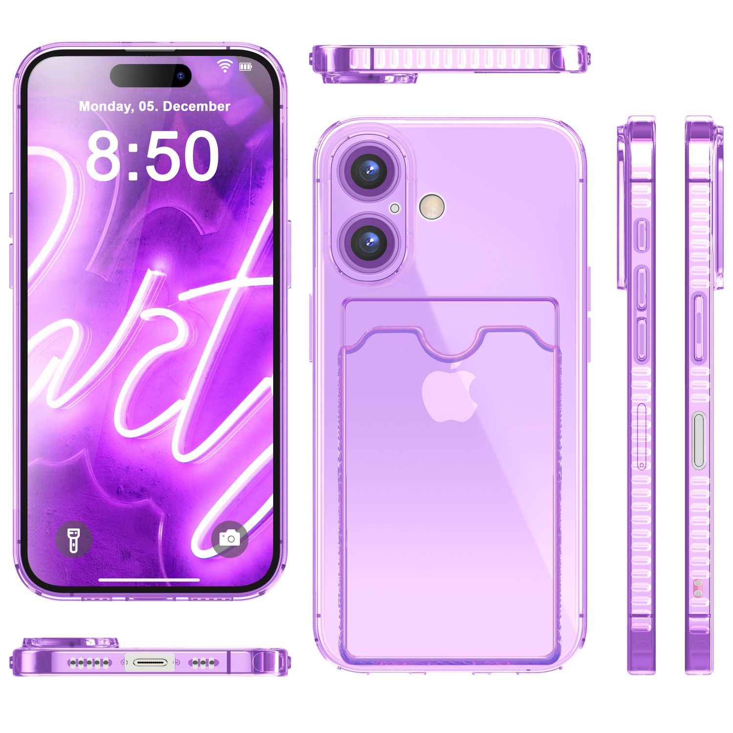 NALIA Klare Neon Hülle mit Kartenhalter für iPhone 16, Bunte Handyhülle mit Kartenfach, Durchsichtiges Silikon