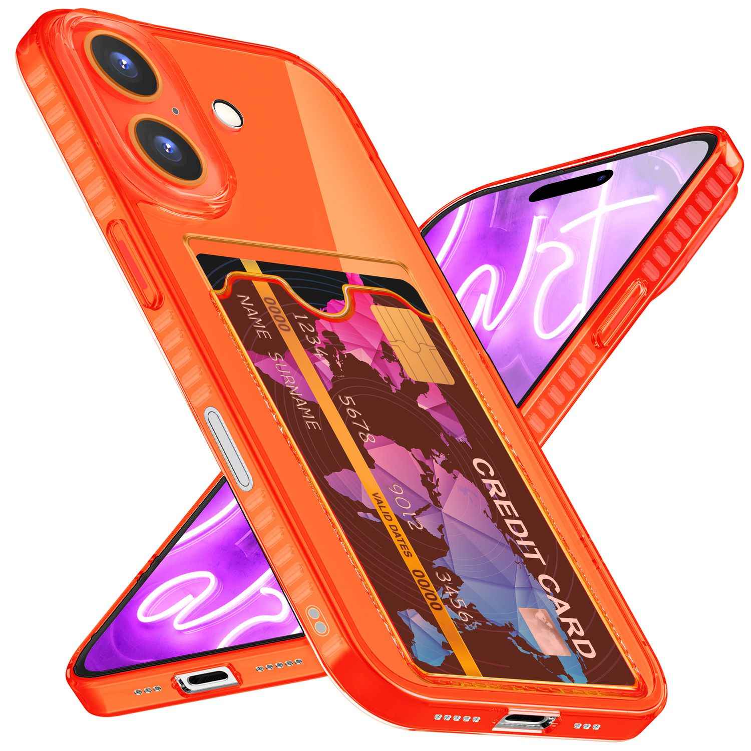 NALIA Klare Neon Hülle mit Kartenhalter für iPhone 16, Bunte Handyhülle mit Kartenfach, Durchsichtiges Silikon