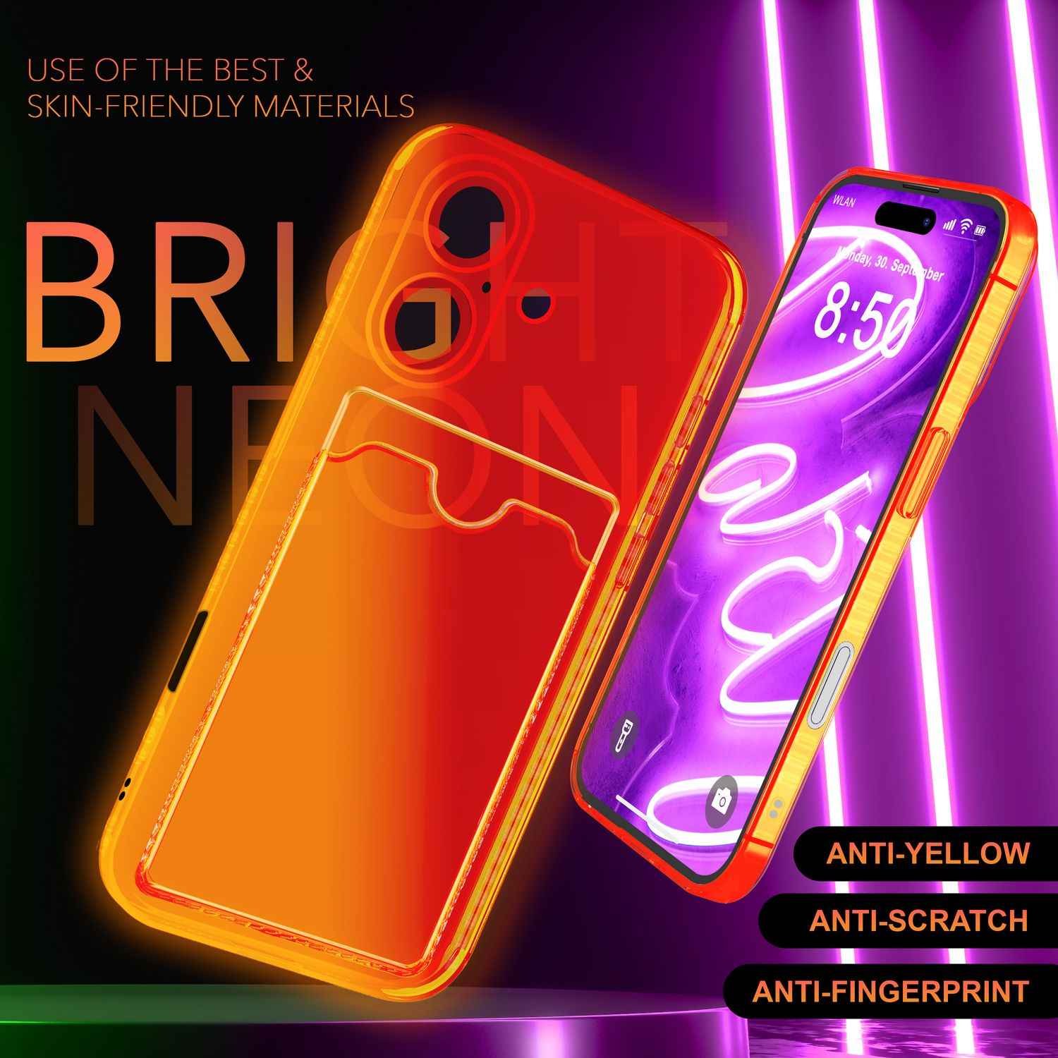 NALIA Klare Neon Hülle mit Kartenhalter für iPhone 16, Bunte Handyhülle mit Kartenfach, Durchsichtiges Silikon
