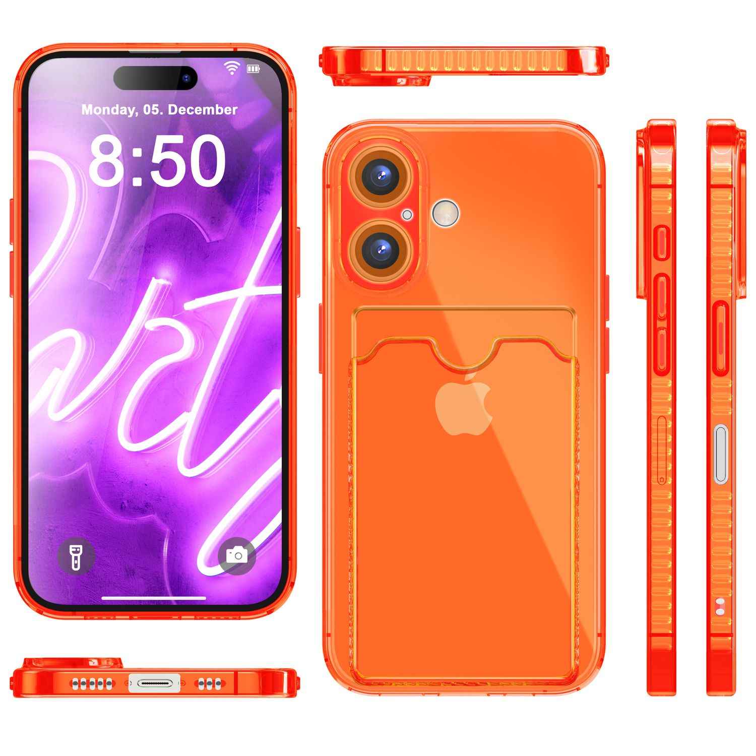 NALIA Klare Neon Hülle mit Kartenhalter für iPhone 16, Bunte Handyhülle mit Kartenfach, Durchsichtiges Silikon