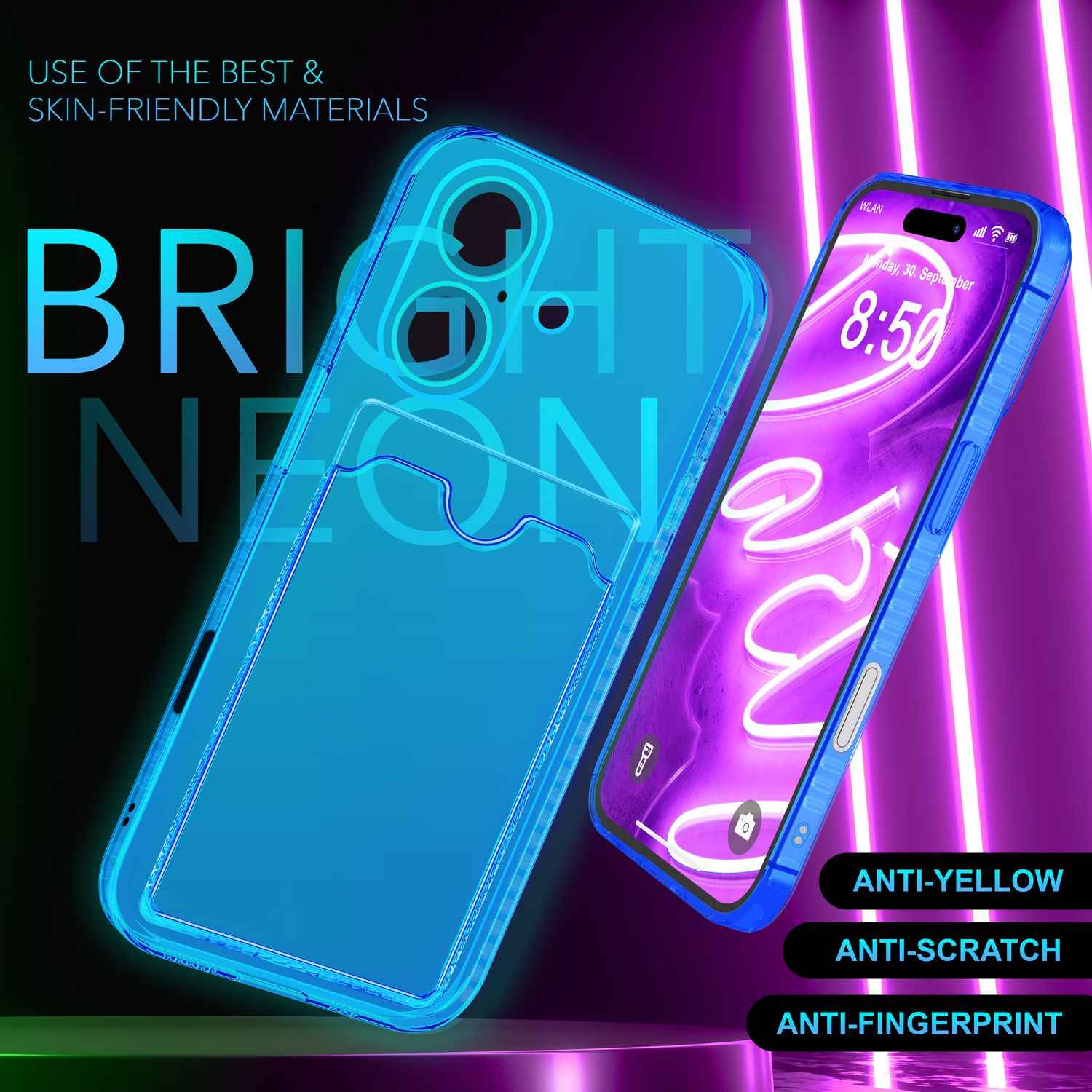 NALIA Klare Neon Hülle mit Kartenhalter für iPhone 16 Plus, Bunte Handyhülle mit Kartenfach, Silikon Durchsichtig