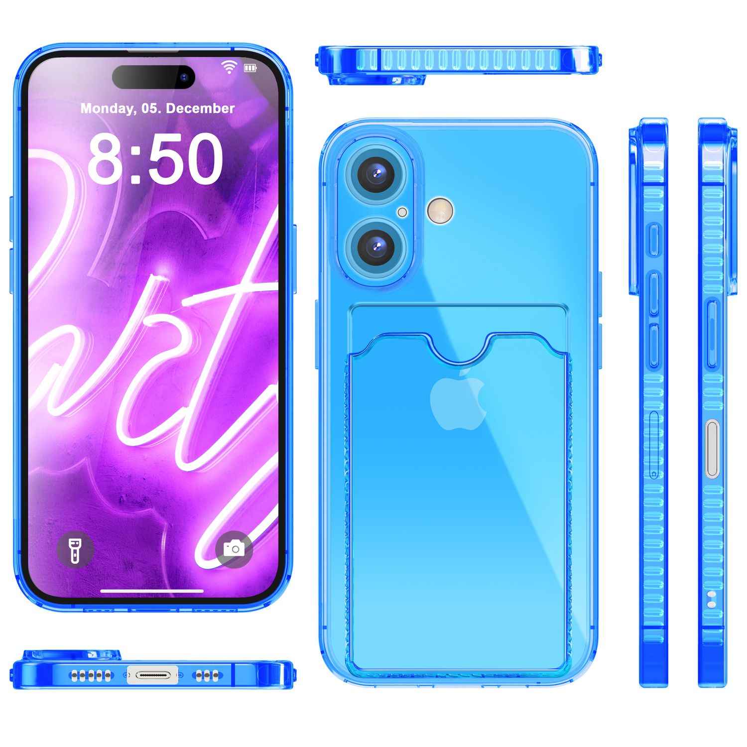 NALIA Klare Neon Hülle mit Kartenhalter für iPhone 16 Plus, Bunte Handyhülle mit Kartenfach, Silikon Durchsichtig