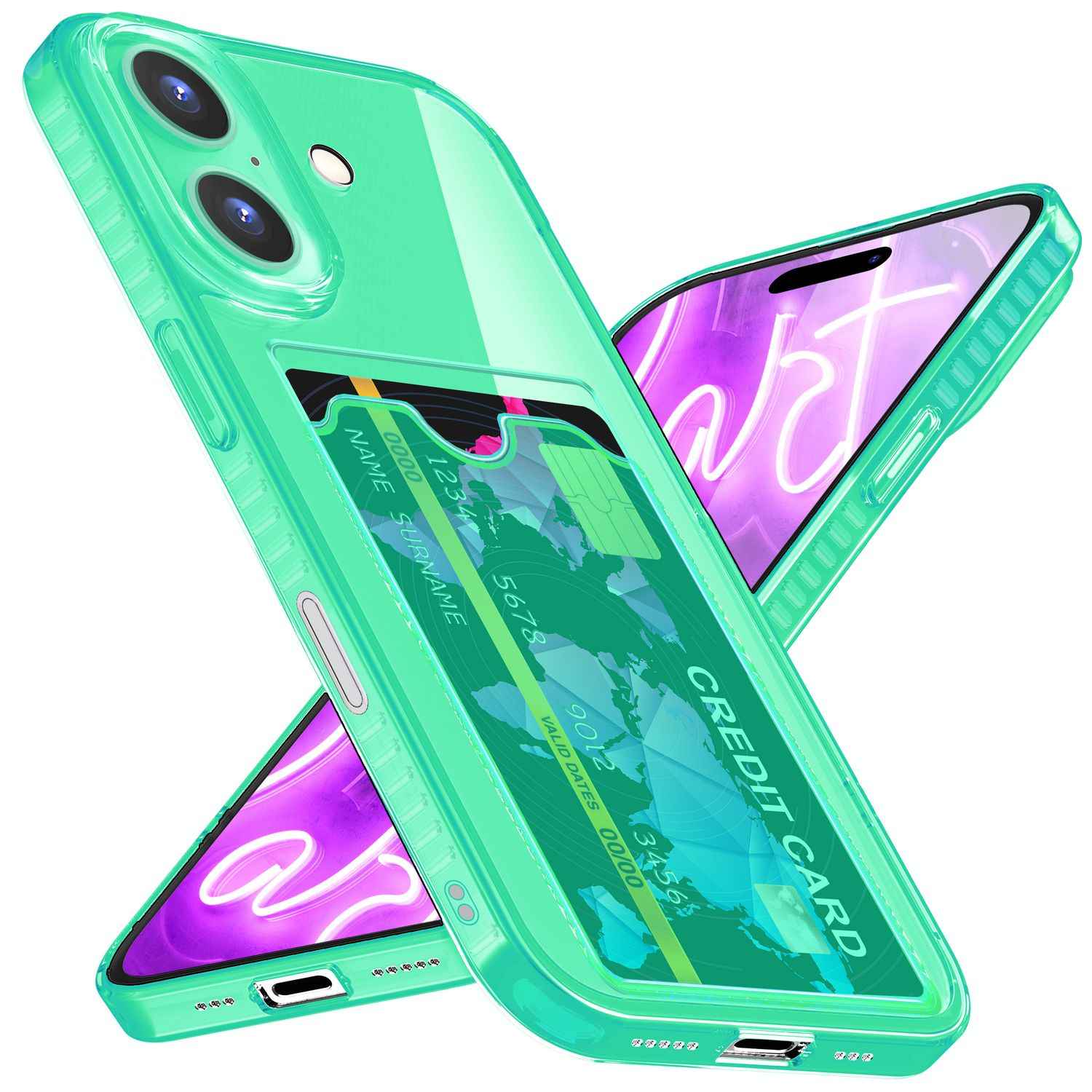 NALIA Klare Neon Hülle mit Kartenhalter für iPhone 16 Plus, Bunte Handyhülle mit Kartenfach, Silikon Durchsichtig