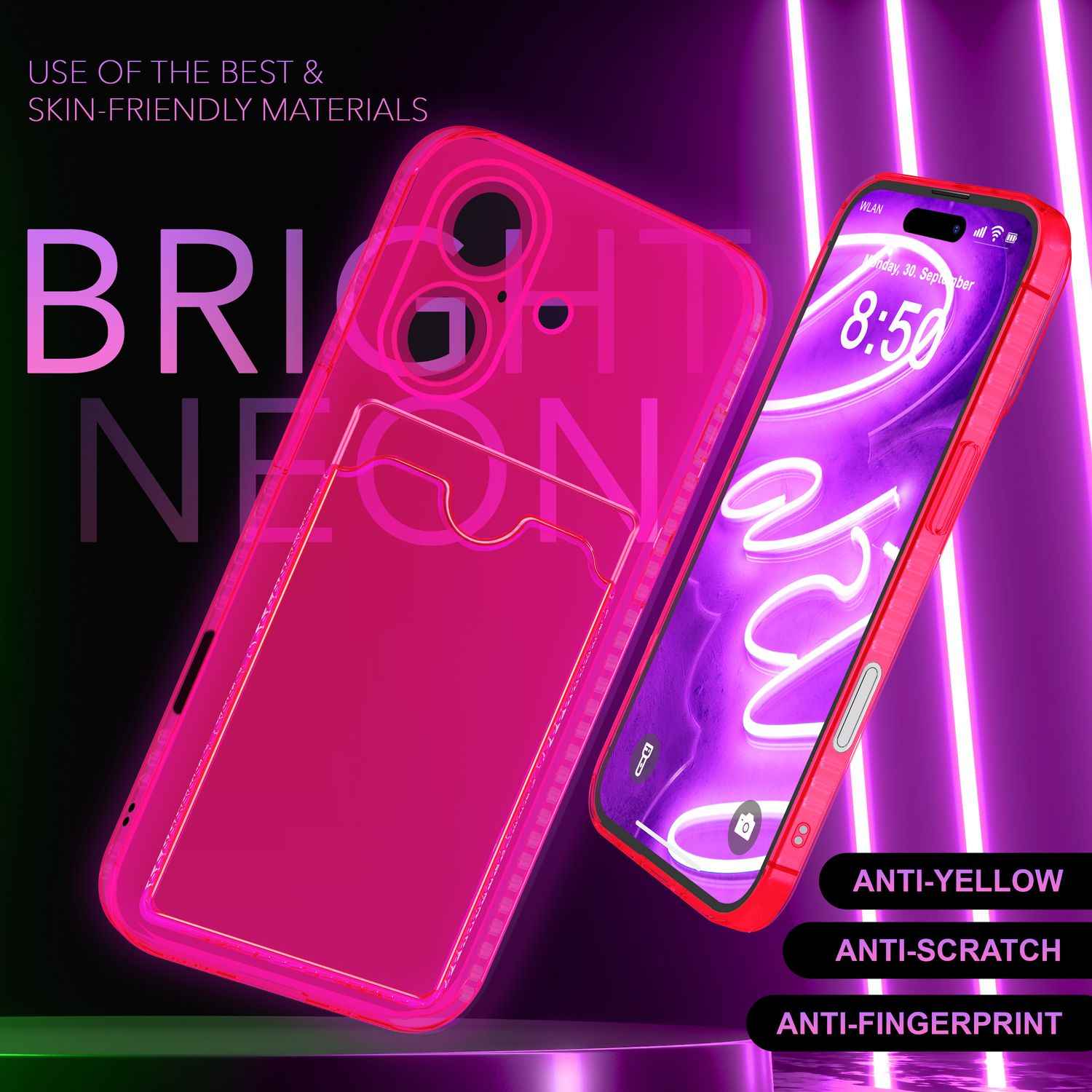 NALIA Klare Neon Hülle mit Kartenhalter für iPhone 16 Plus, Bunte Handyhülle mit Kartenfach, Silikon Durchsichtig