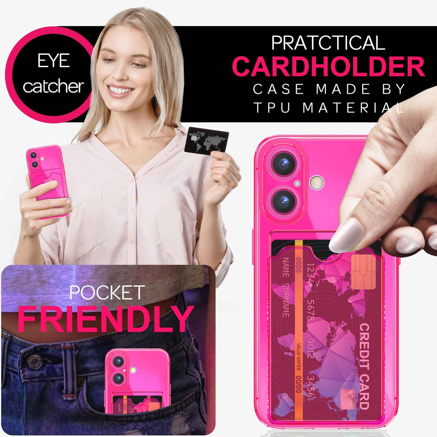 NALIA Klare Neon Hülle mit Kartenhalter für iPhone 16 Plus, Bunte Handyhülle mit Kartenfach, Silikon Durchsichtig