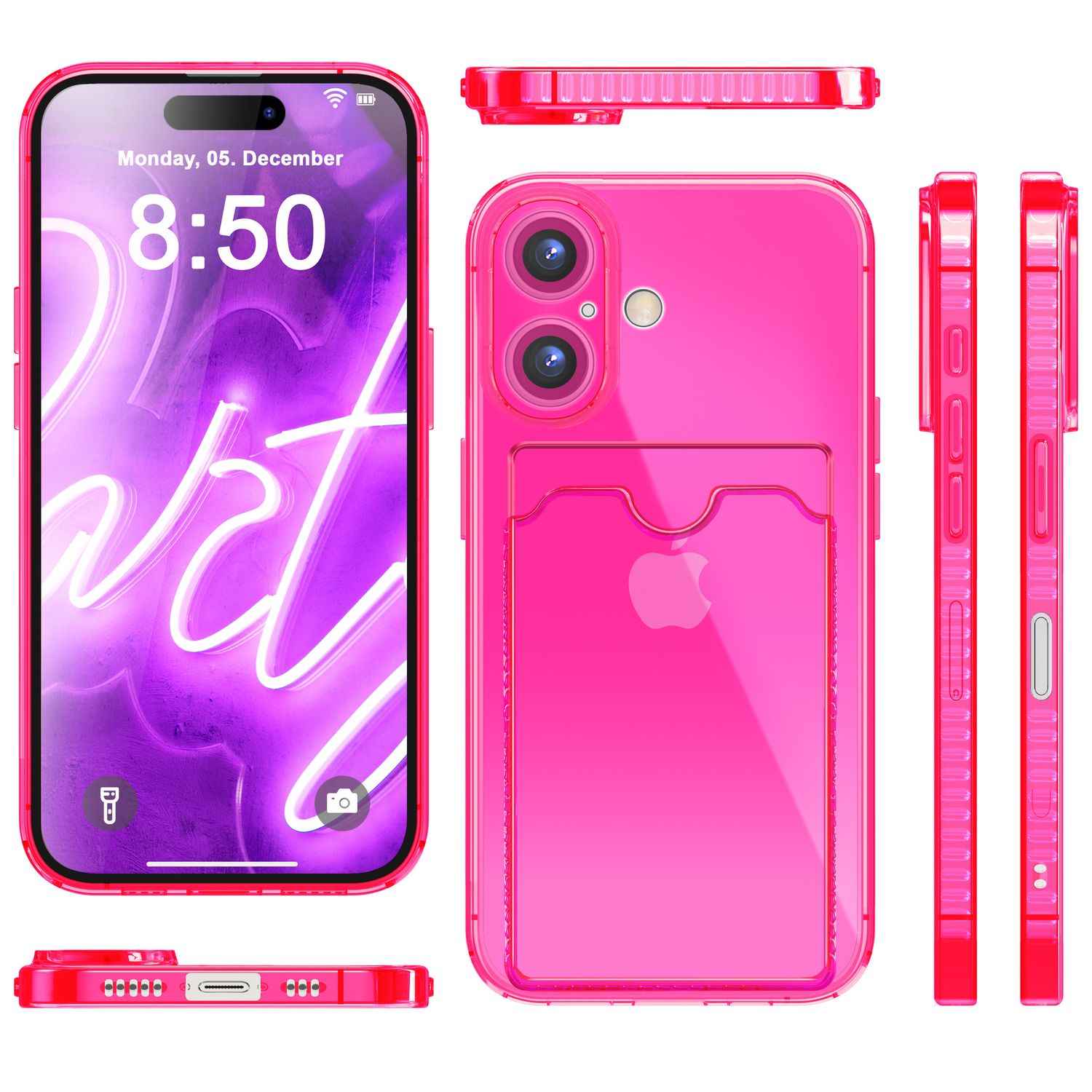 NALIA Klare Neon Hülle mit Kartenhalter für iPhone 16 Plus, Bunte Handyhülle mit Kartenfach, Silikon Durchsichtig