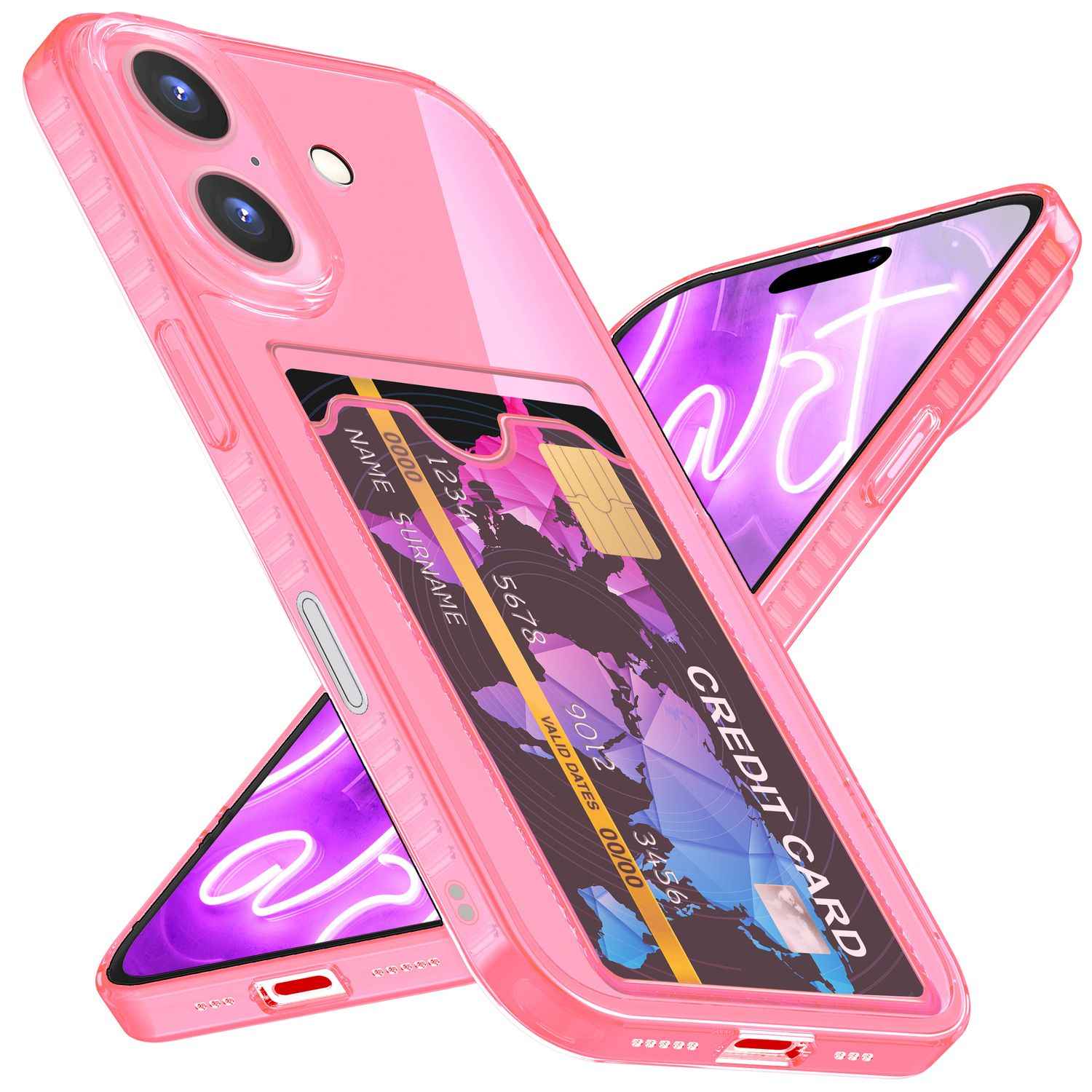 NALIA Klare Neon Hülle mit Kartenhalter für iPhone 16 Plus, Bunte Handyhülle mit Kartenfach, Silikon Durchsichtig