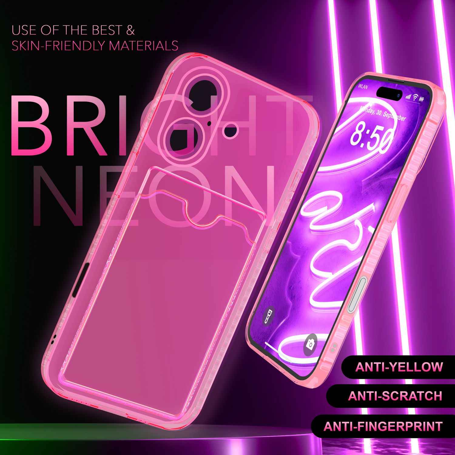 NALIA Klare Neon Hülle mit Kartenhalter für iPhone 16 Plus, Bunte Handyhülle mit Kartenfach, Silikon Durchsichtig