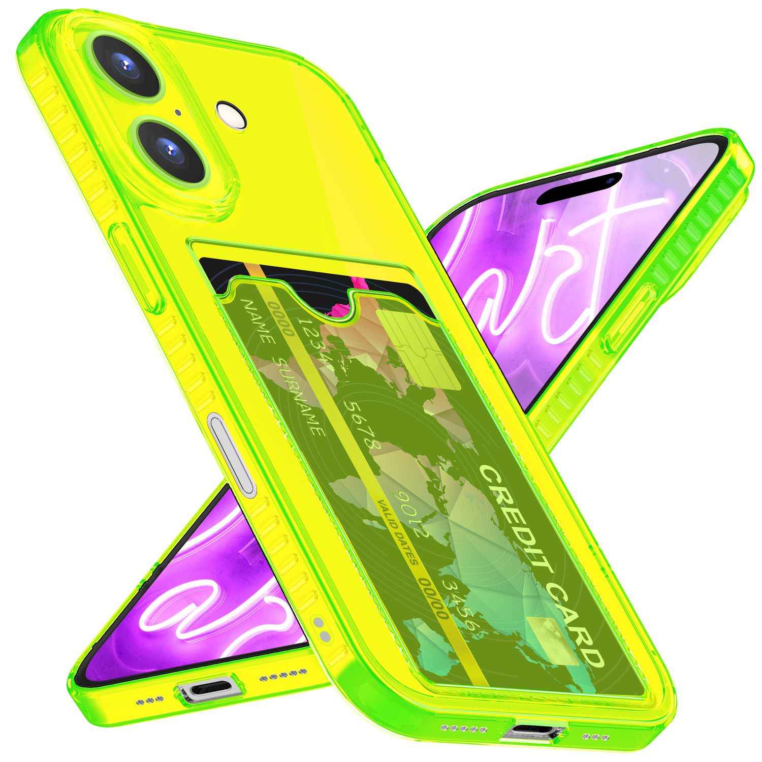 NALIA Klare Neon Hülle mit Kartenhalter für iPhone 16 Plus, Bunte Handyhülle mit Kartenfach, Silikon Durchsichtig