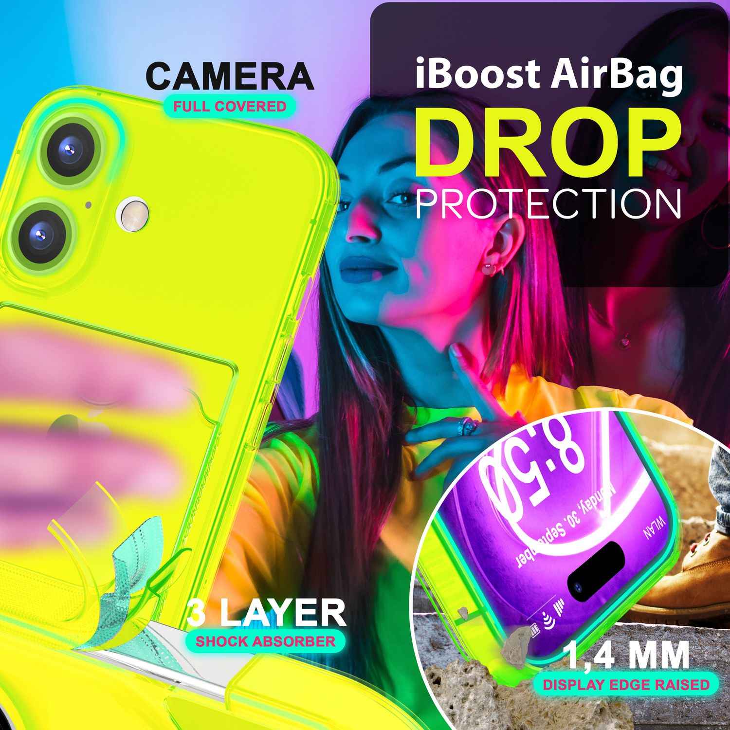 NALIA Klare Neon Hülle mit Kartenhalter für iPhone 16 Plus, Bunte Handyhülle mit Kartenfach, Silikon Durchsichtig