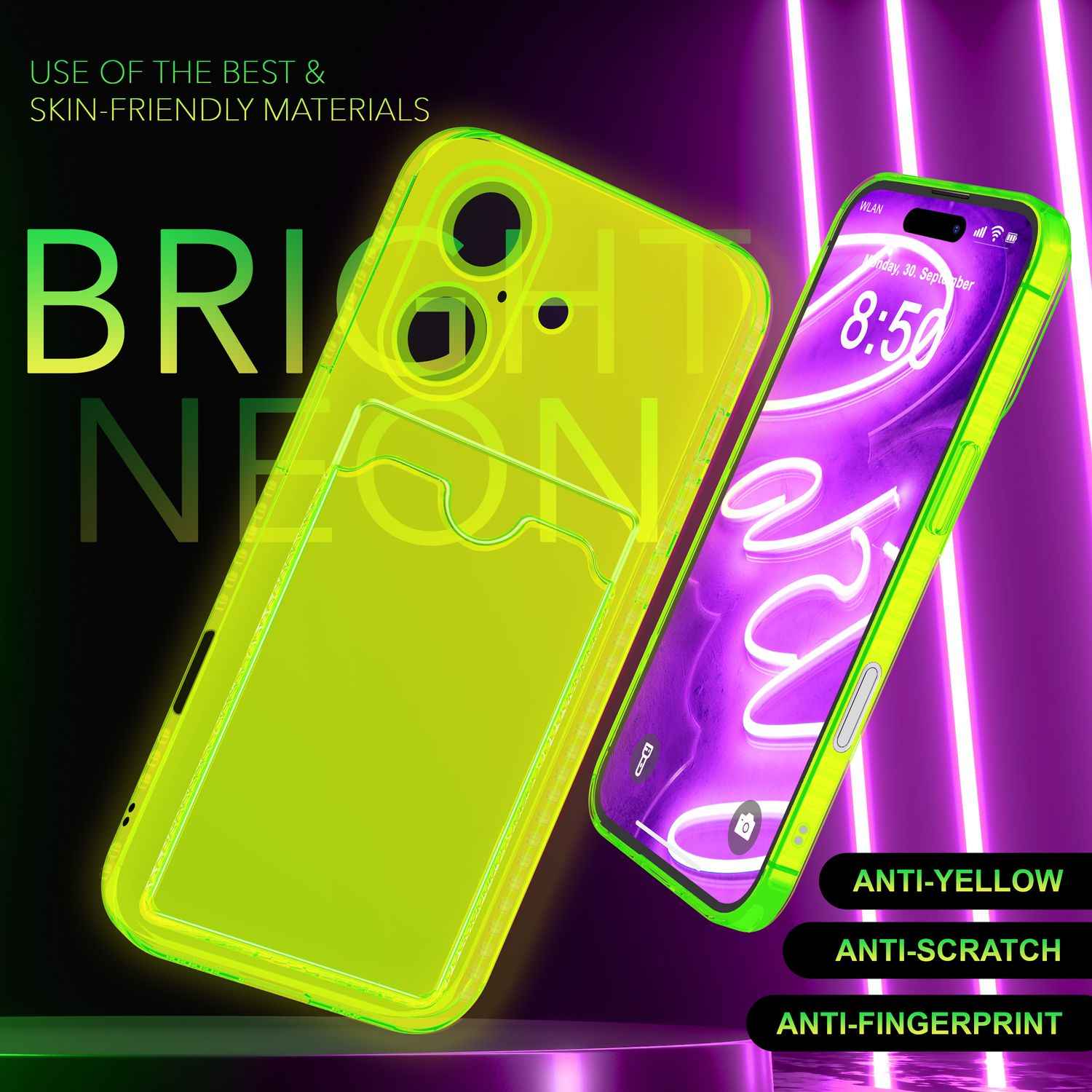 NALIA Klare Neon Hülle mit Kartenhalter für iPhone 16 Plus, Bunte Handyhülle mit Kartenfach, Silikon Durchsichtig