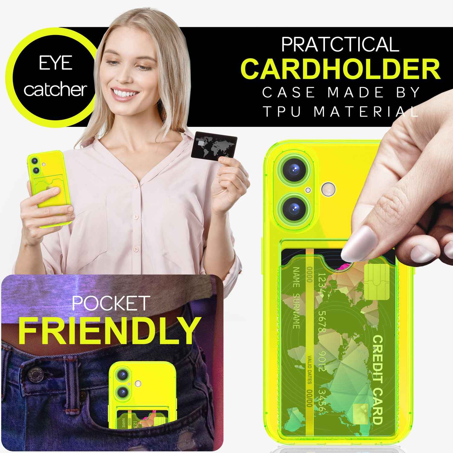 NALIA Klare Neon Hülle mit Kartenhalter für iPhone 16 Plus, Bunte Handyhülle mit Kartenfach, Silikon Durchsichtig