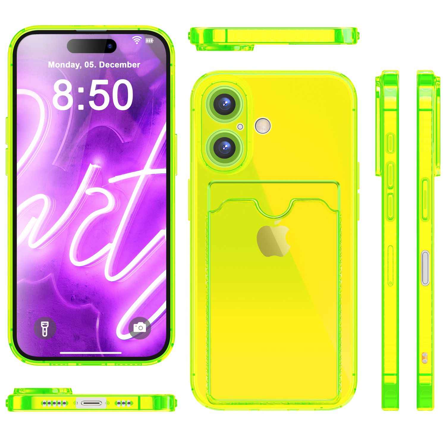 NALIA Klare Neon Hülle mit Kartenhalter für iPhone 16 Plus, Bunte Handyhülle mit Kartenfach, Silikon Durchsichtig