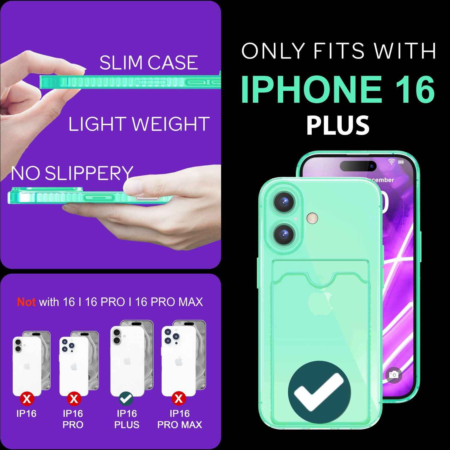NALIA Klare Neon Hülle mit Kartenhalter für iPhone 16 Plus, Bunte Handyhülle mit Kartenfach, Silikon Durchsichtig