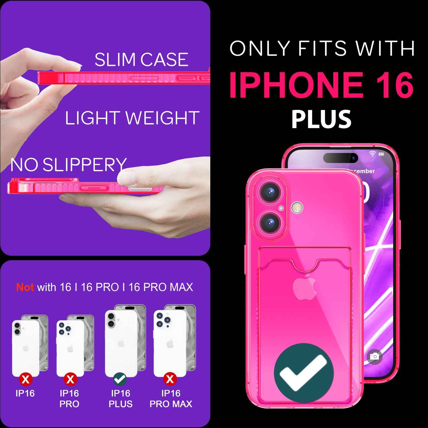 NALIA Klare Neon Hülle mit Kartenhalter für iPhone 16 Plus, Bunte Handyhülle mit Kartenfach, Silikon Durchsichtig