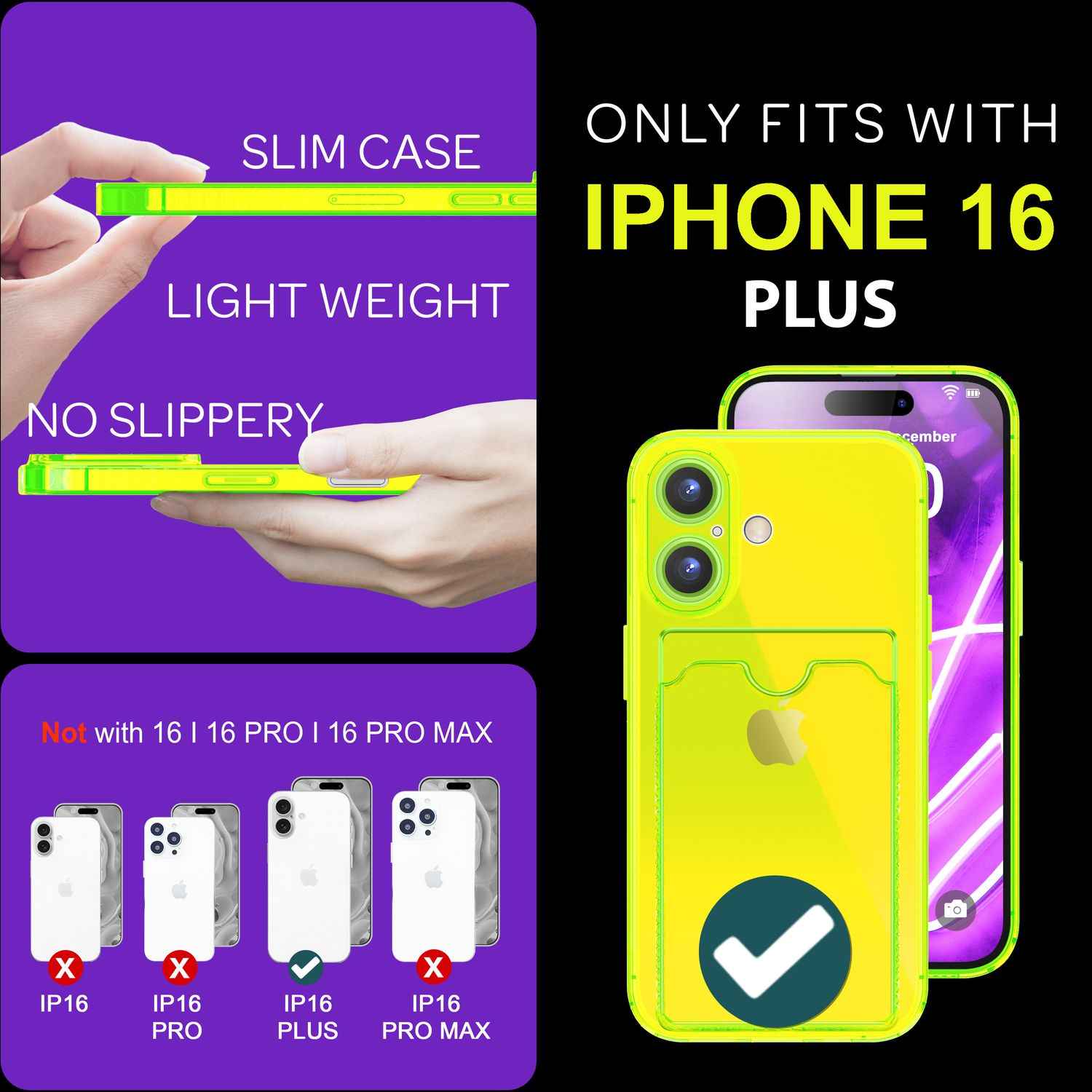 NALIA Klare Neon Hülle mit Kartenhalter für iPhone 16 Plus, Bunte Handyhülle mit Kartenfach, Silikon Durchsichtig