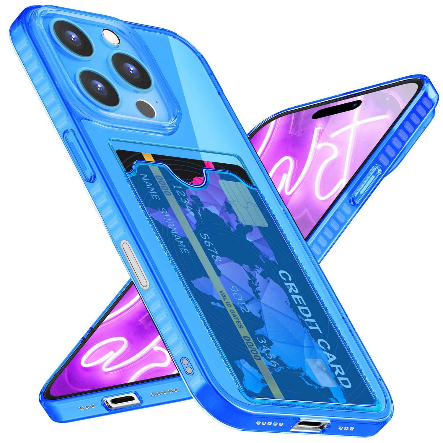 NALIA Klare Neon Hülle mit Kartenhalter für iPhone 16 Pro, Bunte Handyhülle mit Kartenfach, Silikon Durchsichtig
