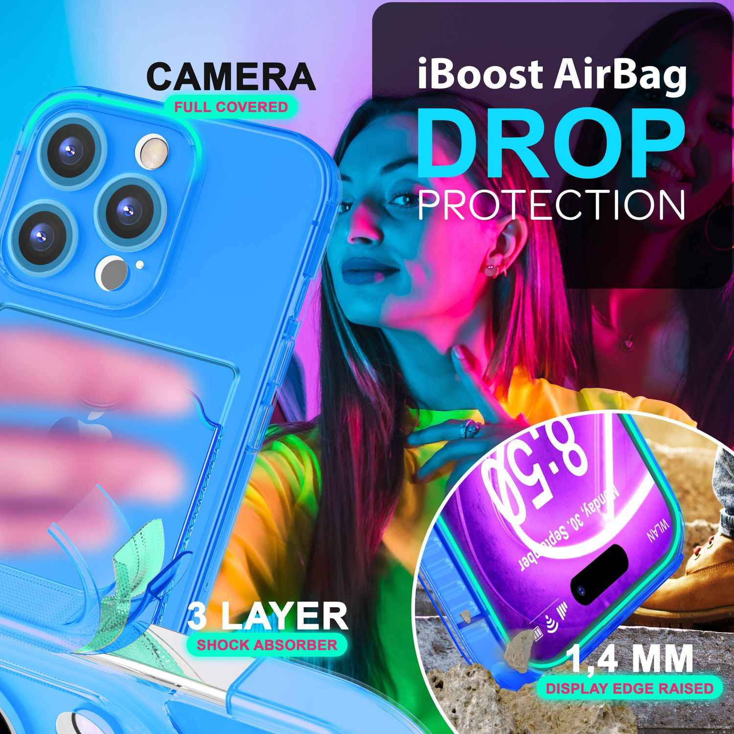 NALIA Klare Neon Hülle mit Kartenhalter für iPhone 16 Pro, Bunte Handyhülle mit Kartenfach, Silikon Durchsichtig
